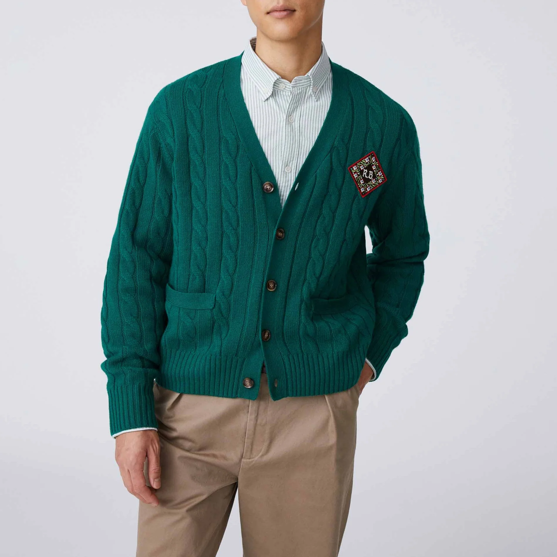 Men's Cashmere Cableknit Cardigan Evergreen - Image 4
