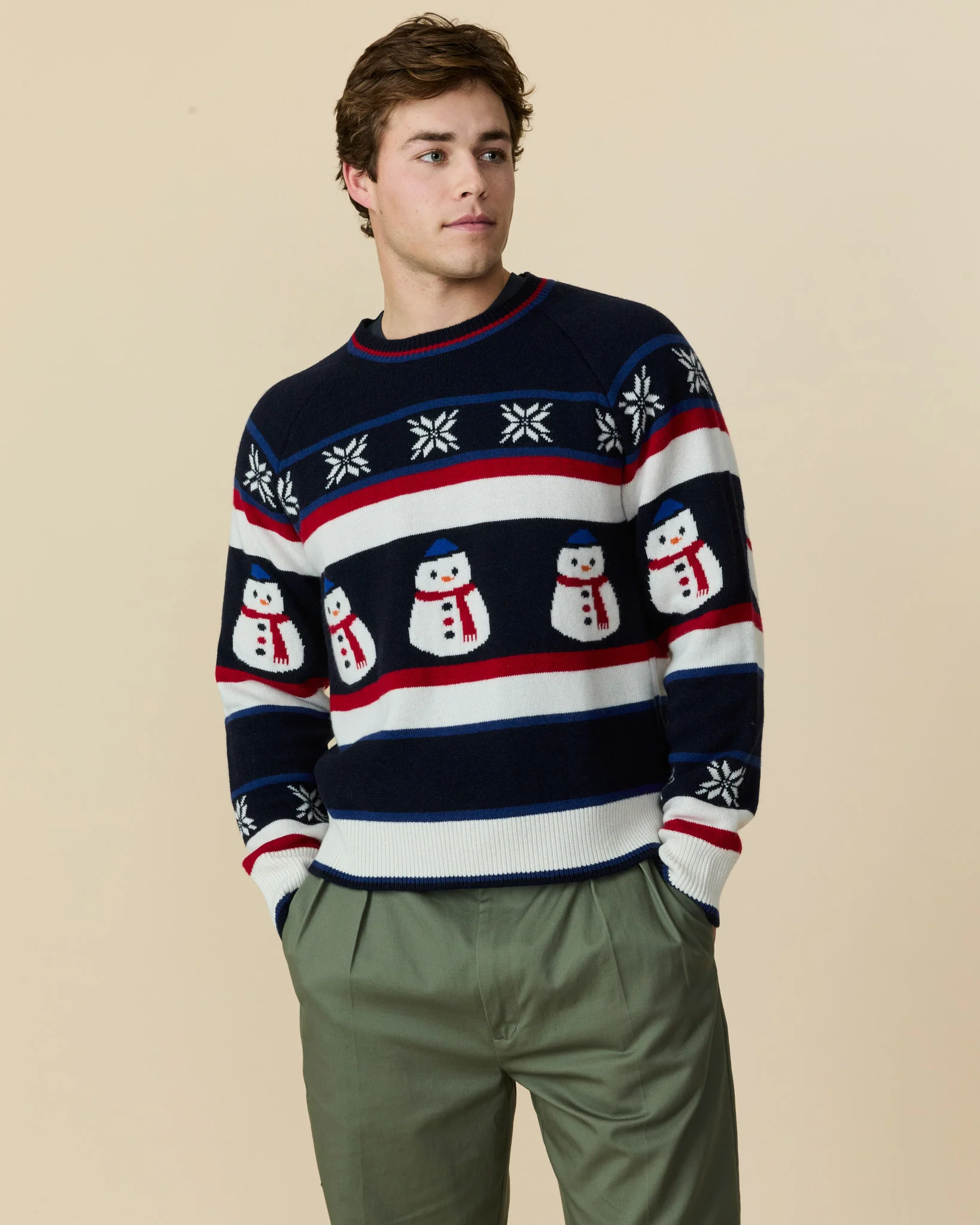 Men's Cashmere Fairisle Snowman Sweater Navy Multi