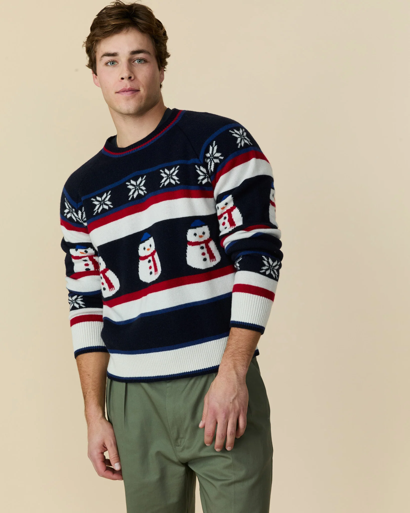 Men's Cashmere Fairisle Snowman Sweater Navy Multi - Image 3