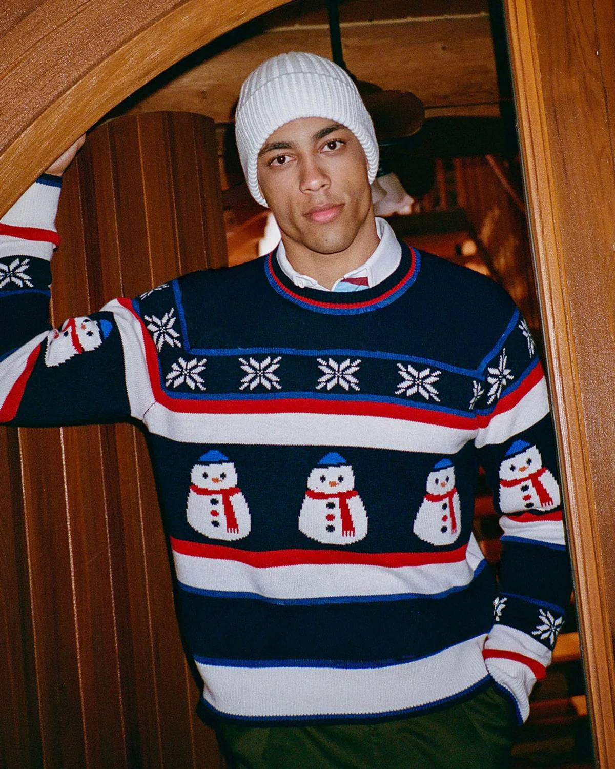 Men's Cashmere Fairisle Snowman Sweater Navy Multi - Image 6