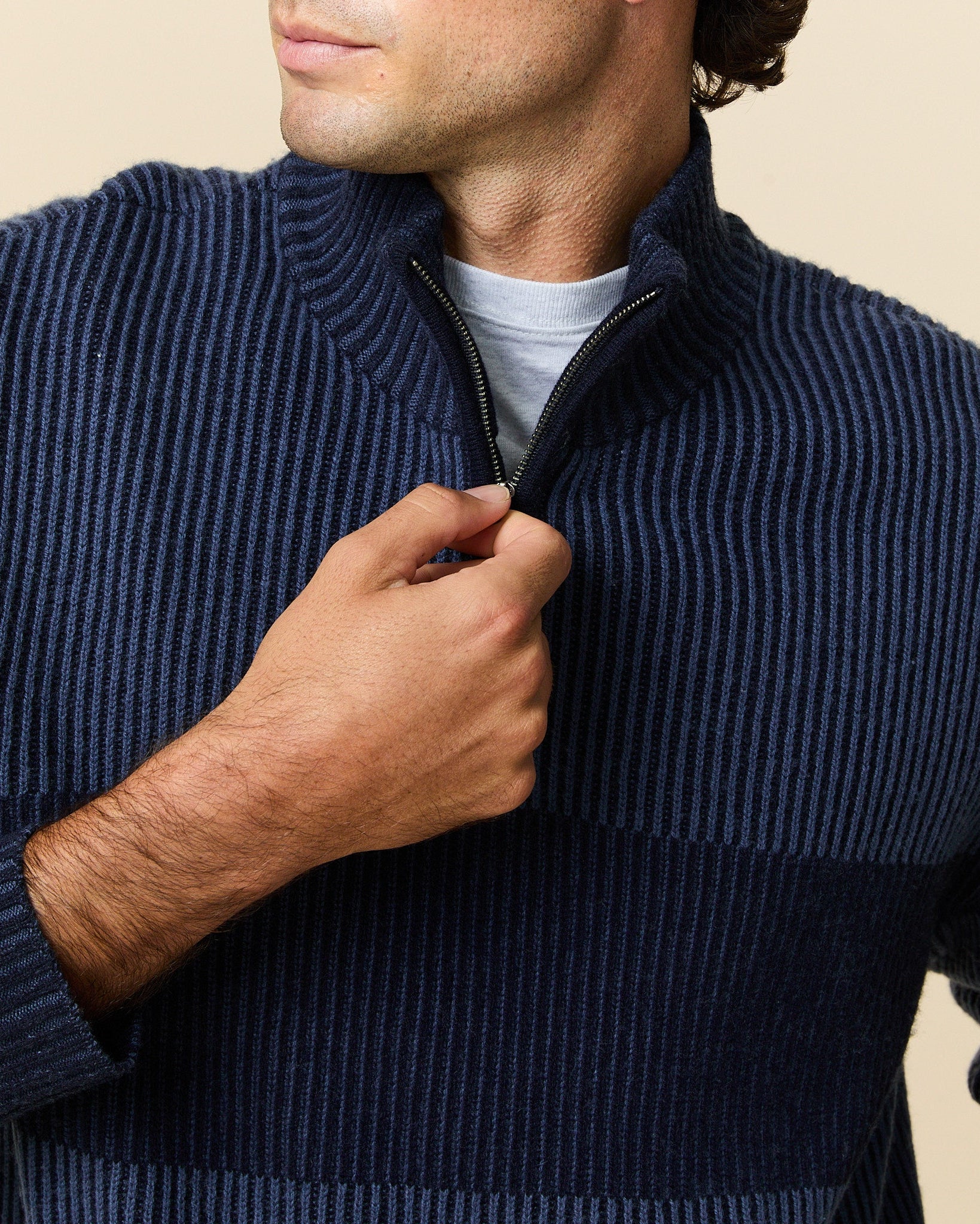 Men's Cashmere Quarter Zip Ottoman Rib Sweater Navy - Image 3