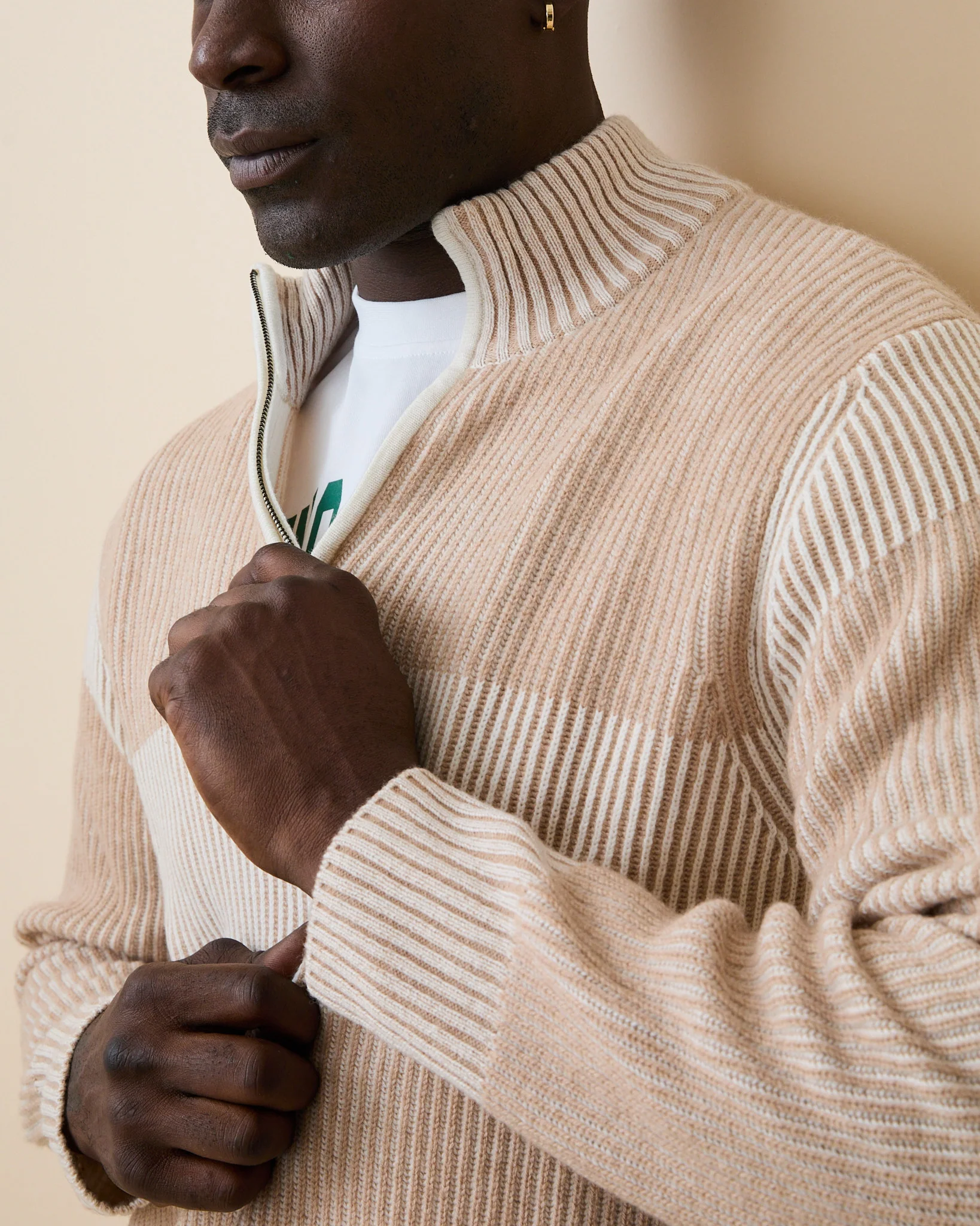 Men's Cashmere Quarter Zip Ottoman Rib Sweater Beige - Image 3