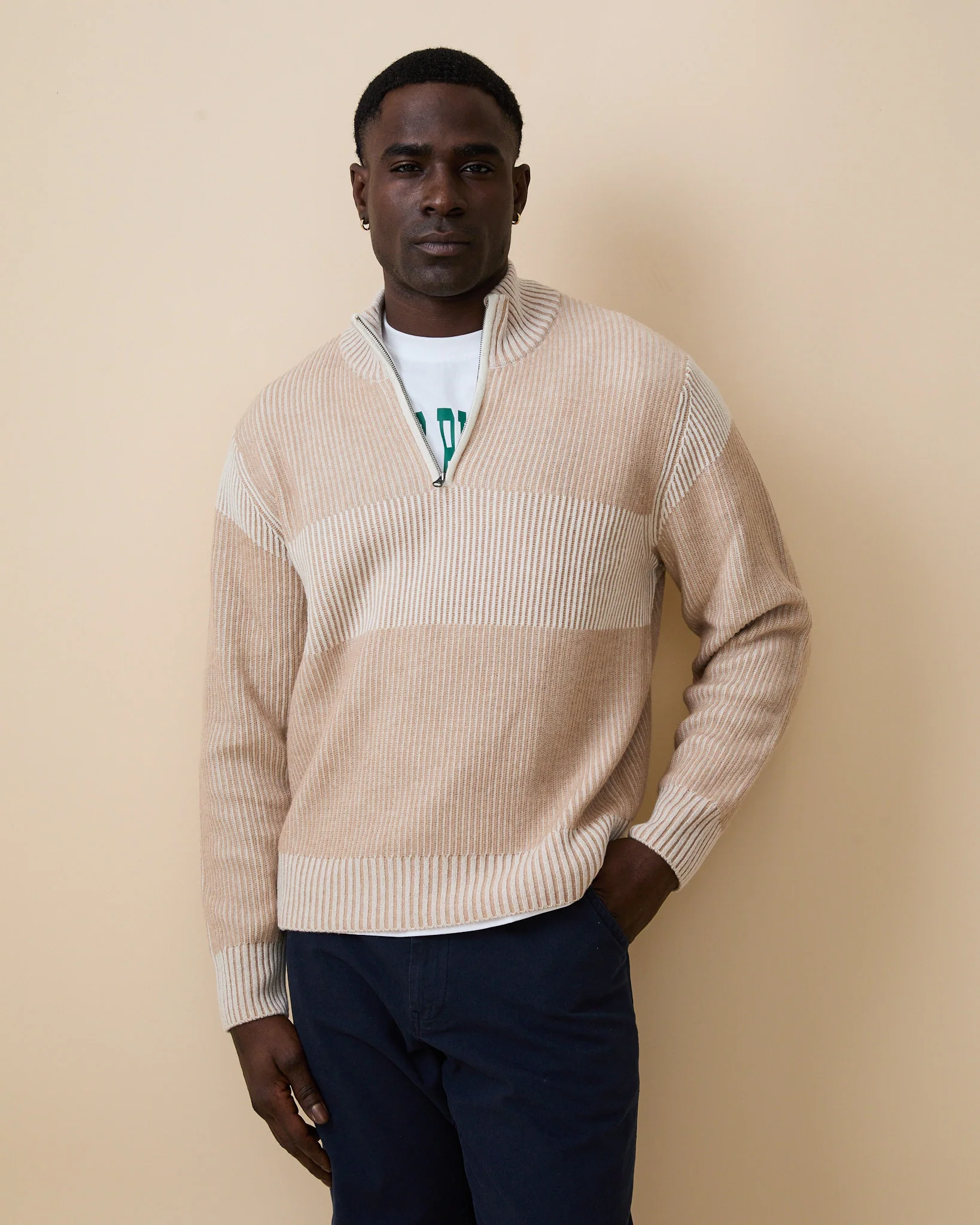 Men's Cashmere Quarter Zip Ottoman Rib Sweater Beige - Image 4
