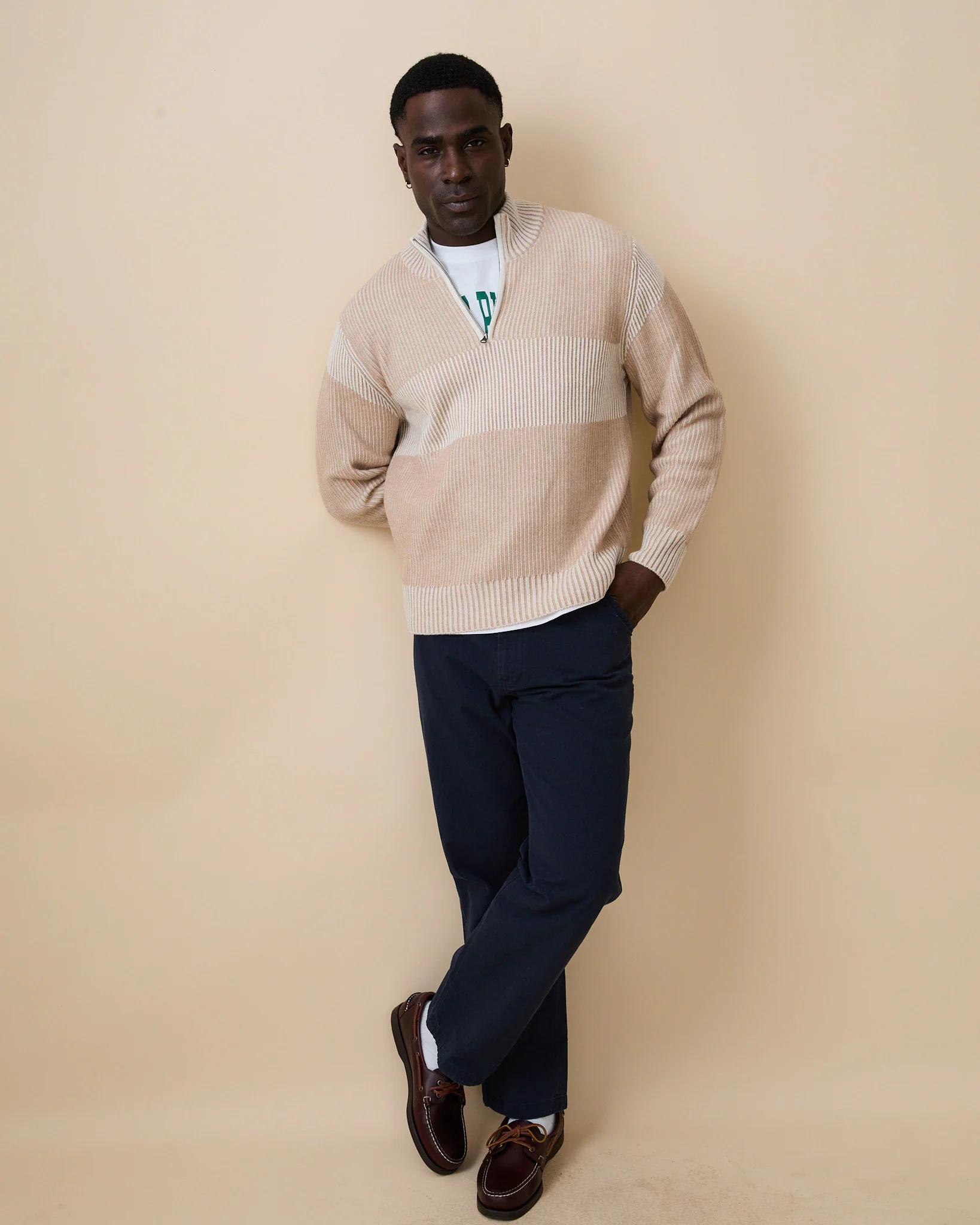Men's Cashmere Quarter Zip Ottoman Rib Sweater Beige - Image 5