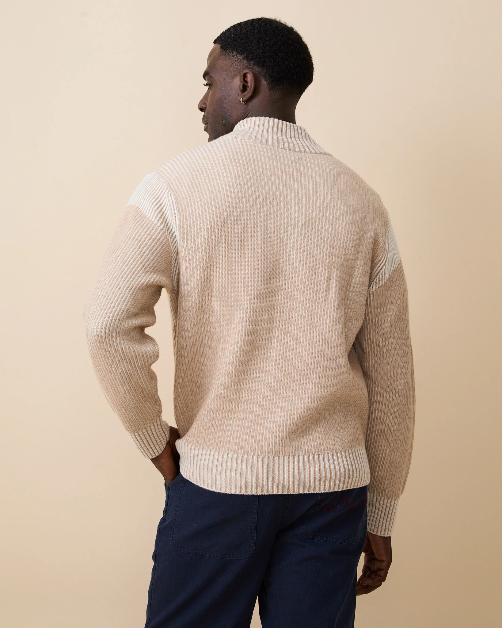 Men's Cashmere Quarter Zip Ottoman Rib Sweater Beige - Image 6