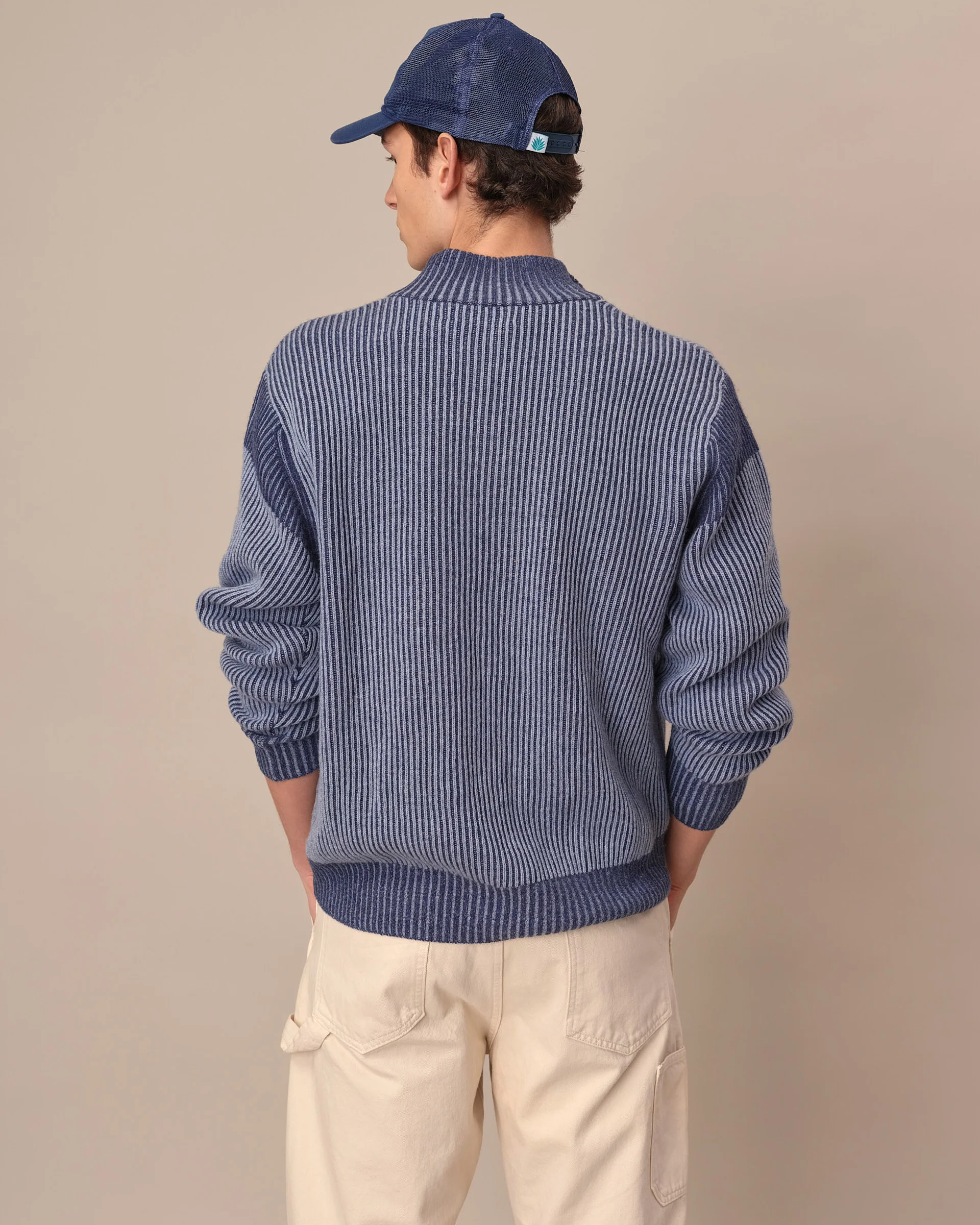 Men's Cashmere Quarter Zip Ottoman Rib Sweater Blue - Image 3