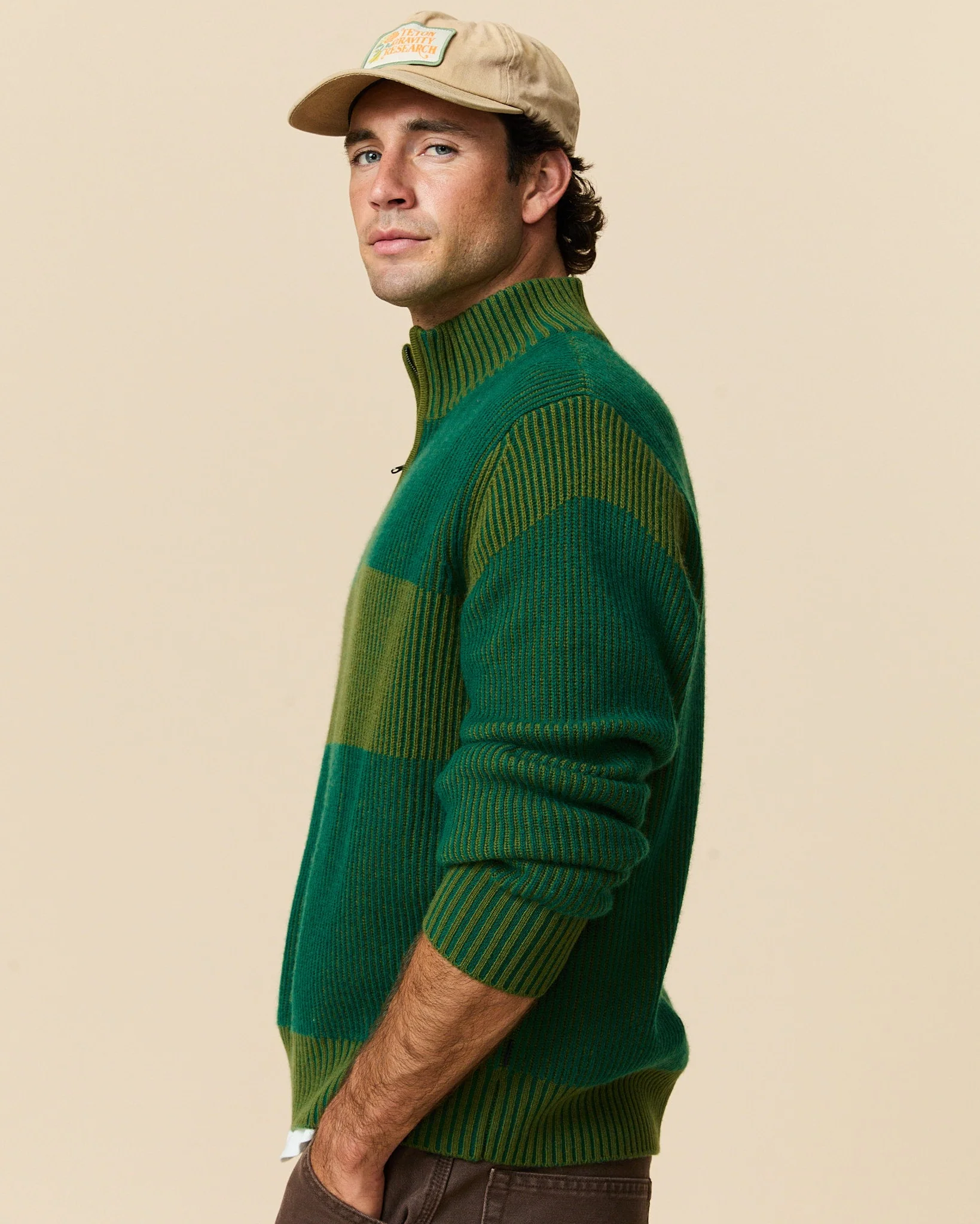 Men's Cashmere Quarter Zip Ottoman Rib Sweater Green - Image 3