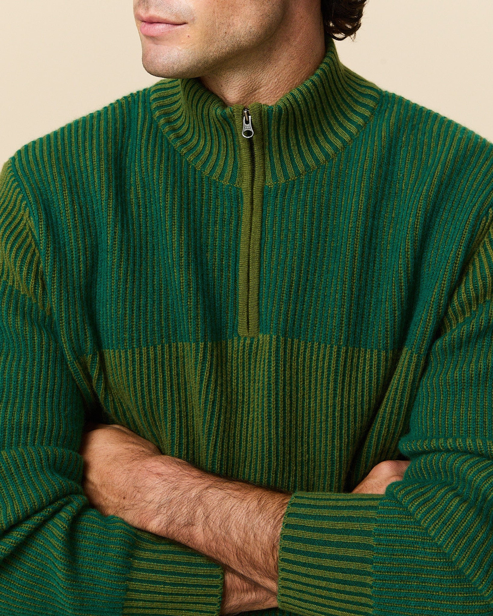 Men's Cashmere Quarter Zip Ottoman Rib Sweater Green - Image 4