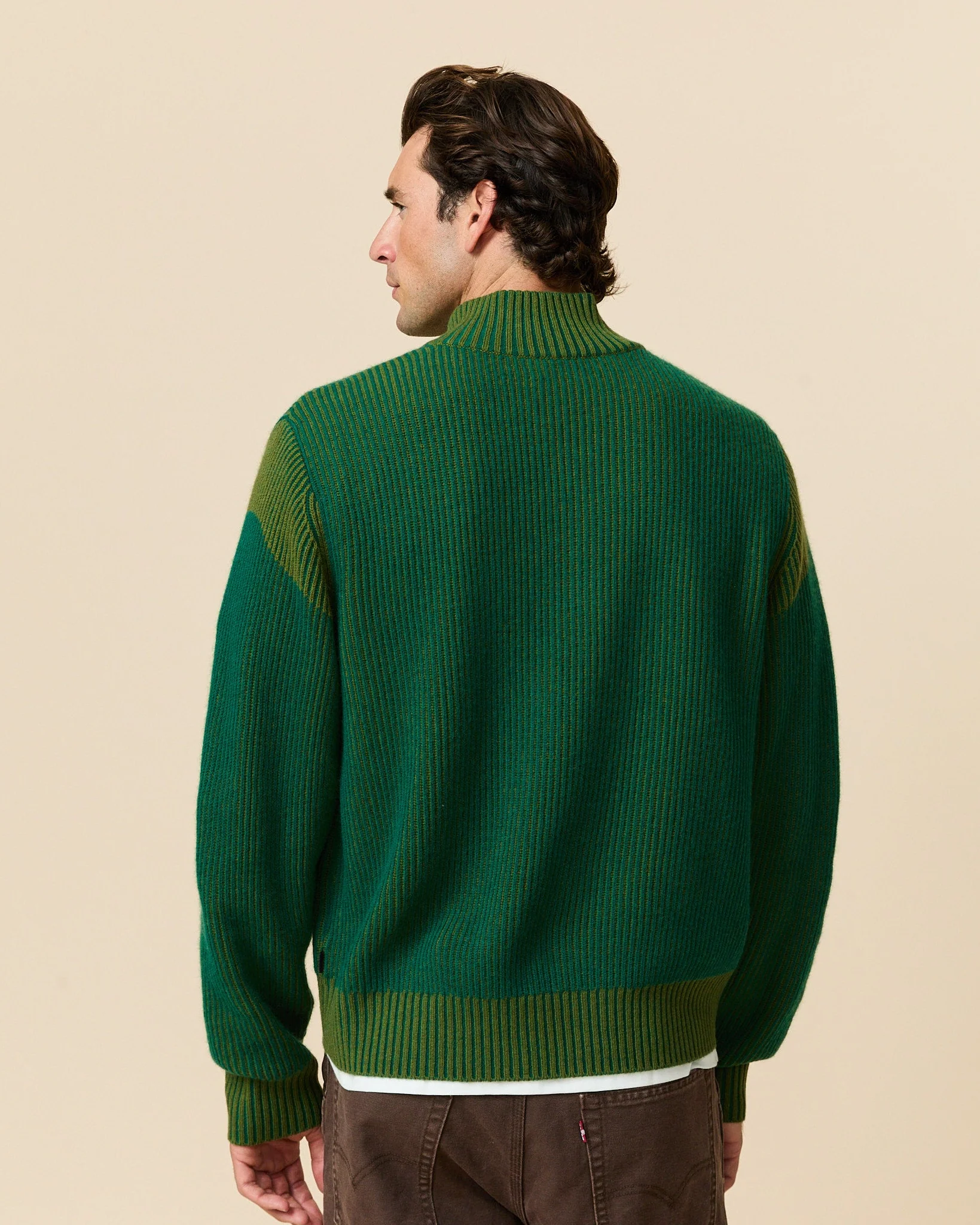 Men's Cashmere Quarter Zip Ottoman Rib Sweater Green - Image 6