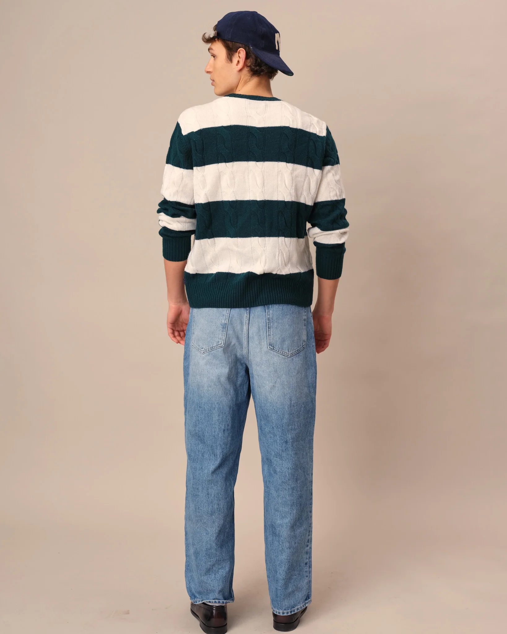 Men's Cashmere Rugby Stripe Cable Knit Sweater Green/Cream Stripe - Image 3