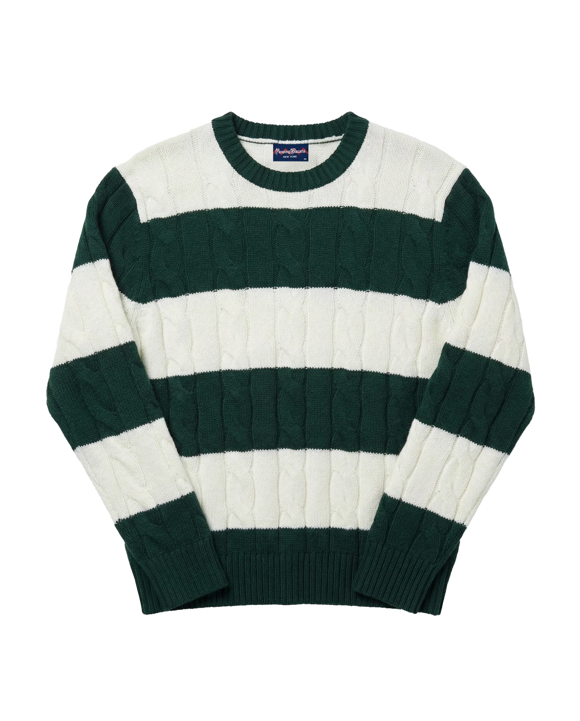 Men's Cashmere Rugby Stripe Cable Knit Sweater Green/Cream Stripe - Image 4