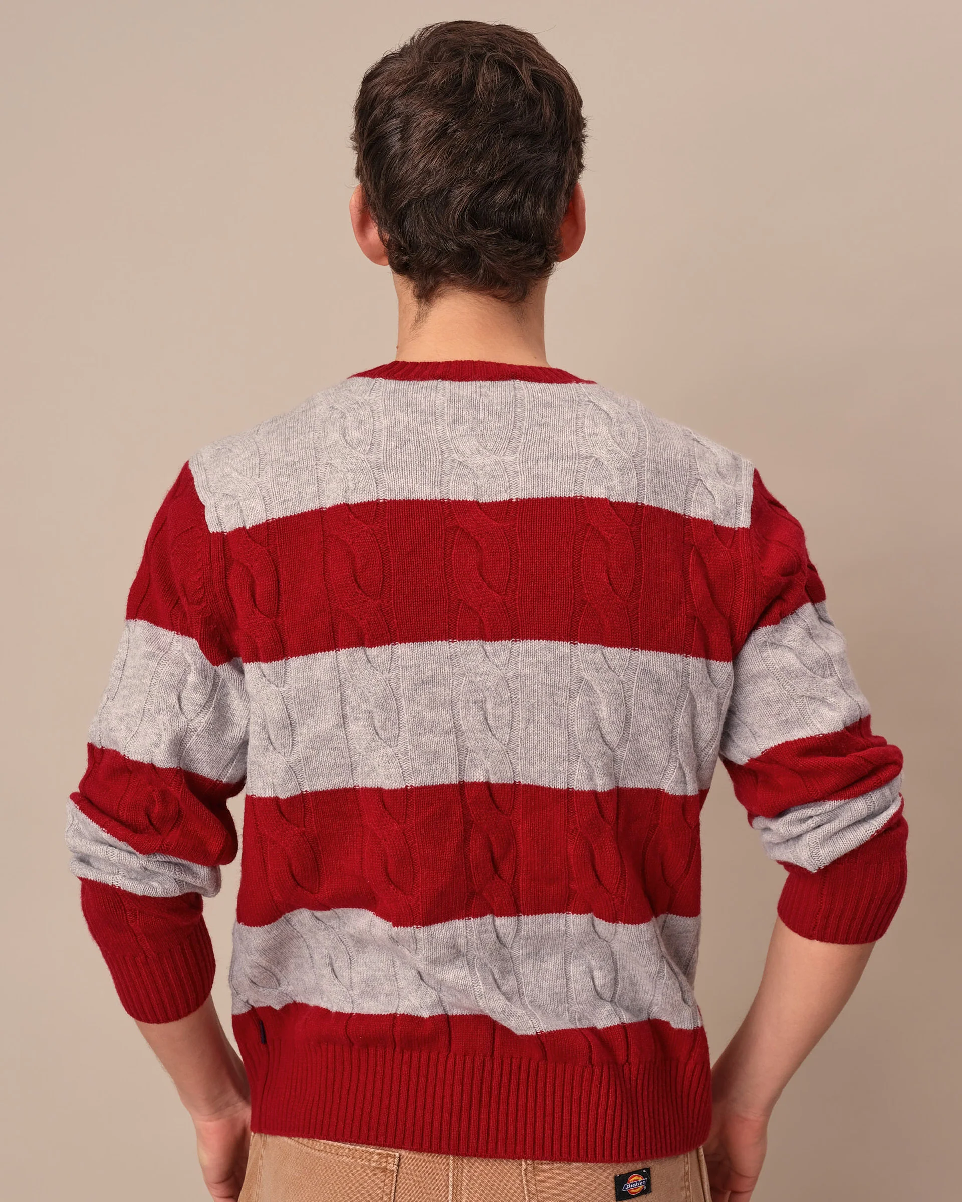 Men's Cashmere Rugby Cable Knit Sweater Red/Grey Heather Stripe - Image 4