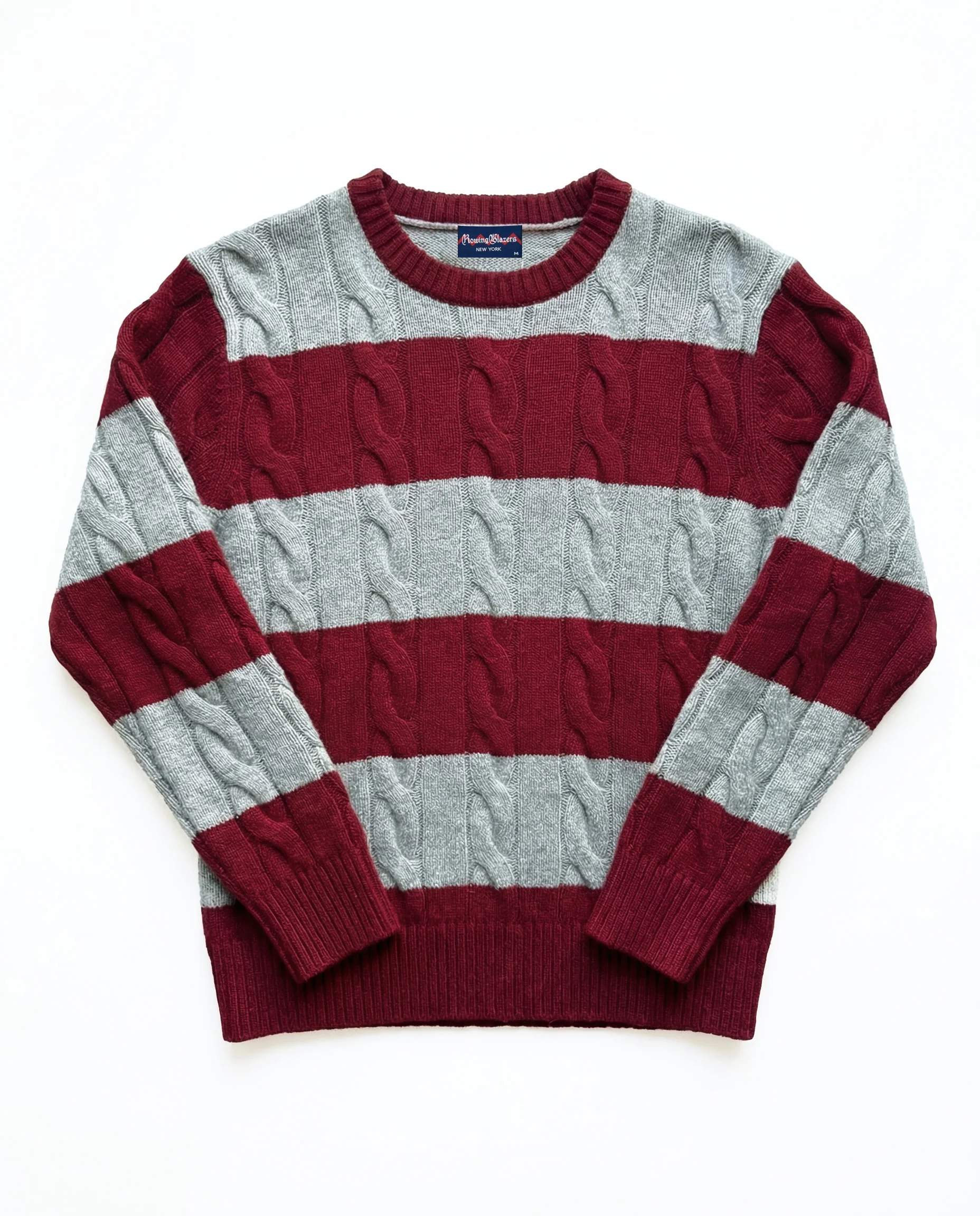 Men's Cashmere Rugby Cable Knit Sweater Red/Grey Heather Stripe - Image 5