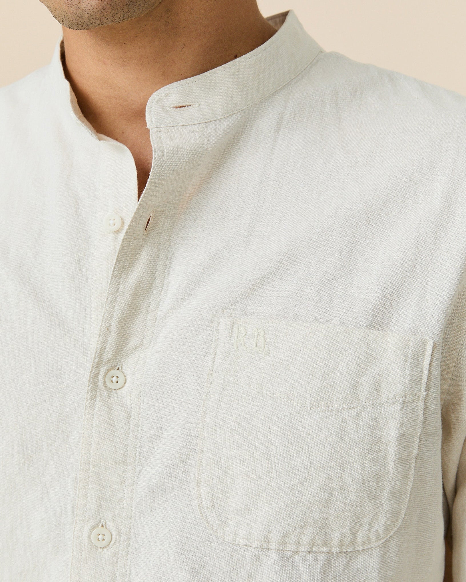 Men's Casual Linen Band Collar Shirt Cream - Image 3