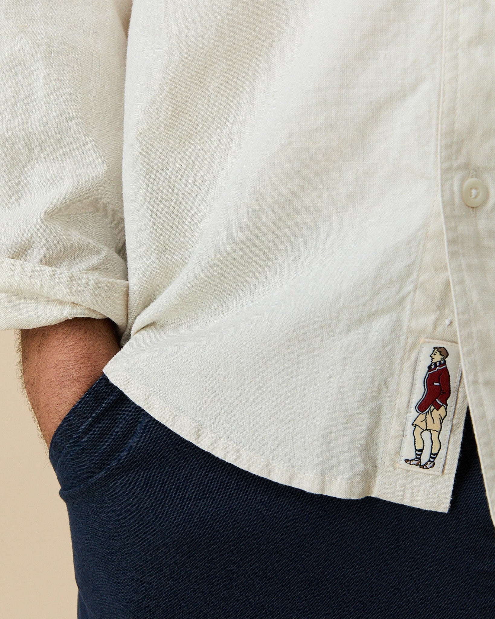 Men's Casual Linen Band Collar Shirt Cream - Image 4