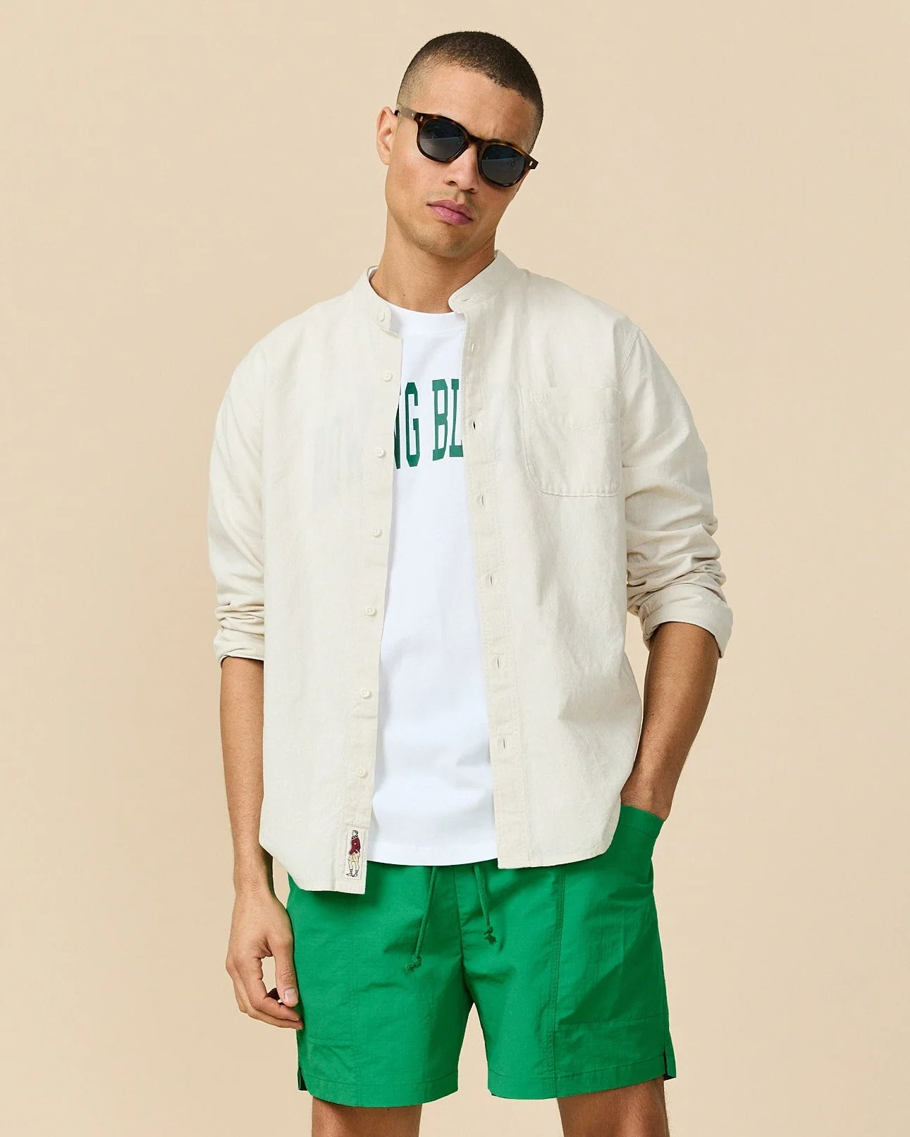 Men's Casual Linen Band Collar Shirt Cream - Image 5