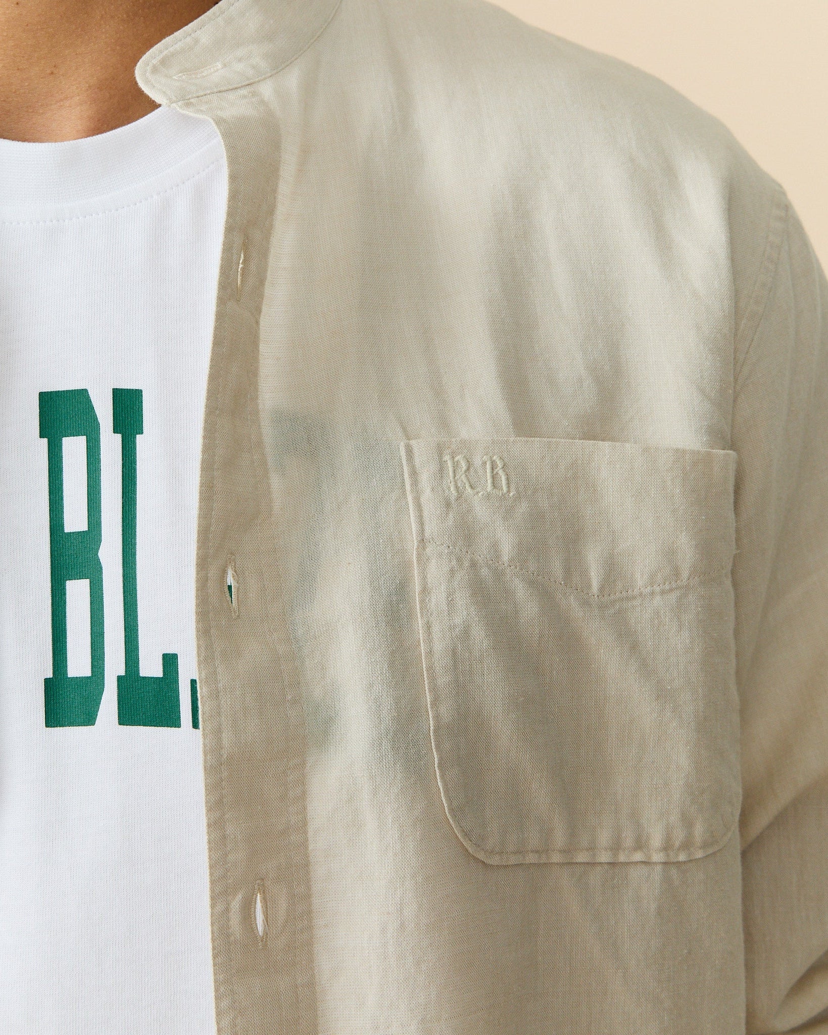 Men's Casual Linen Band Collar Shirt Cream - Image 6