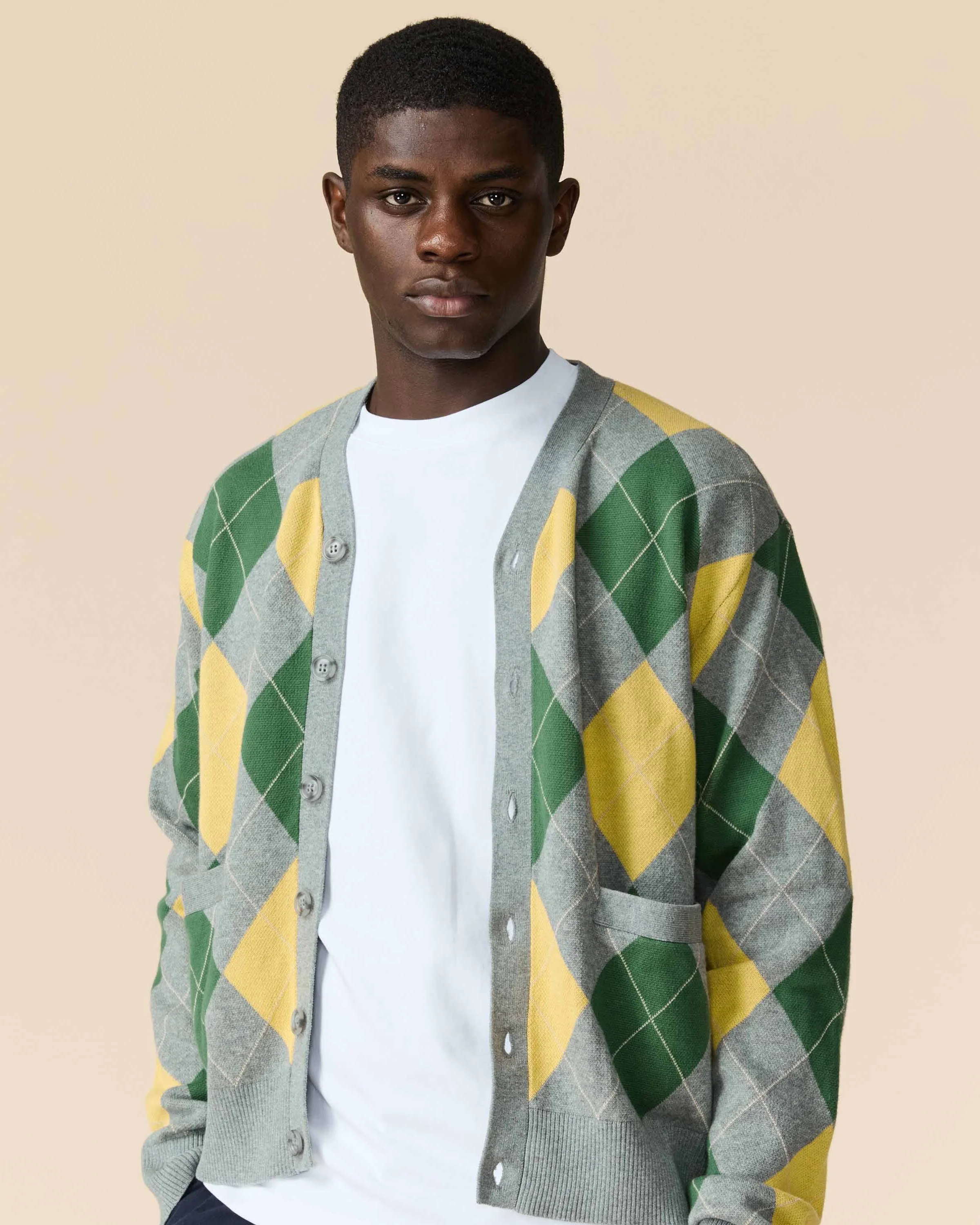 Men's Cotton Argyle Cardigan Grey Argyle - Image 4