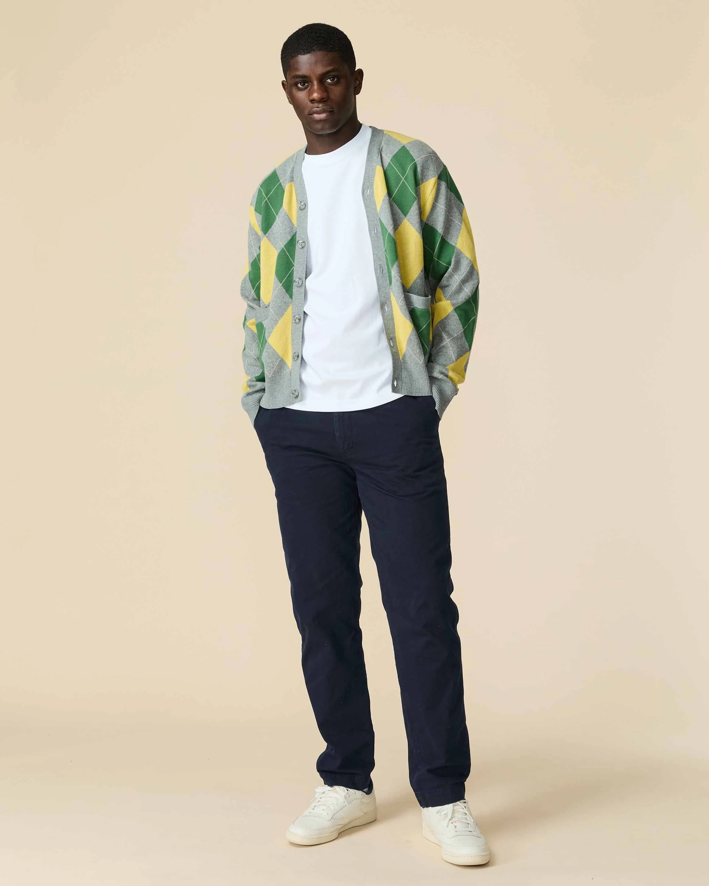 Men's Cotton Argyle Cardigan Grey Argyle - Image 5