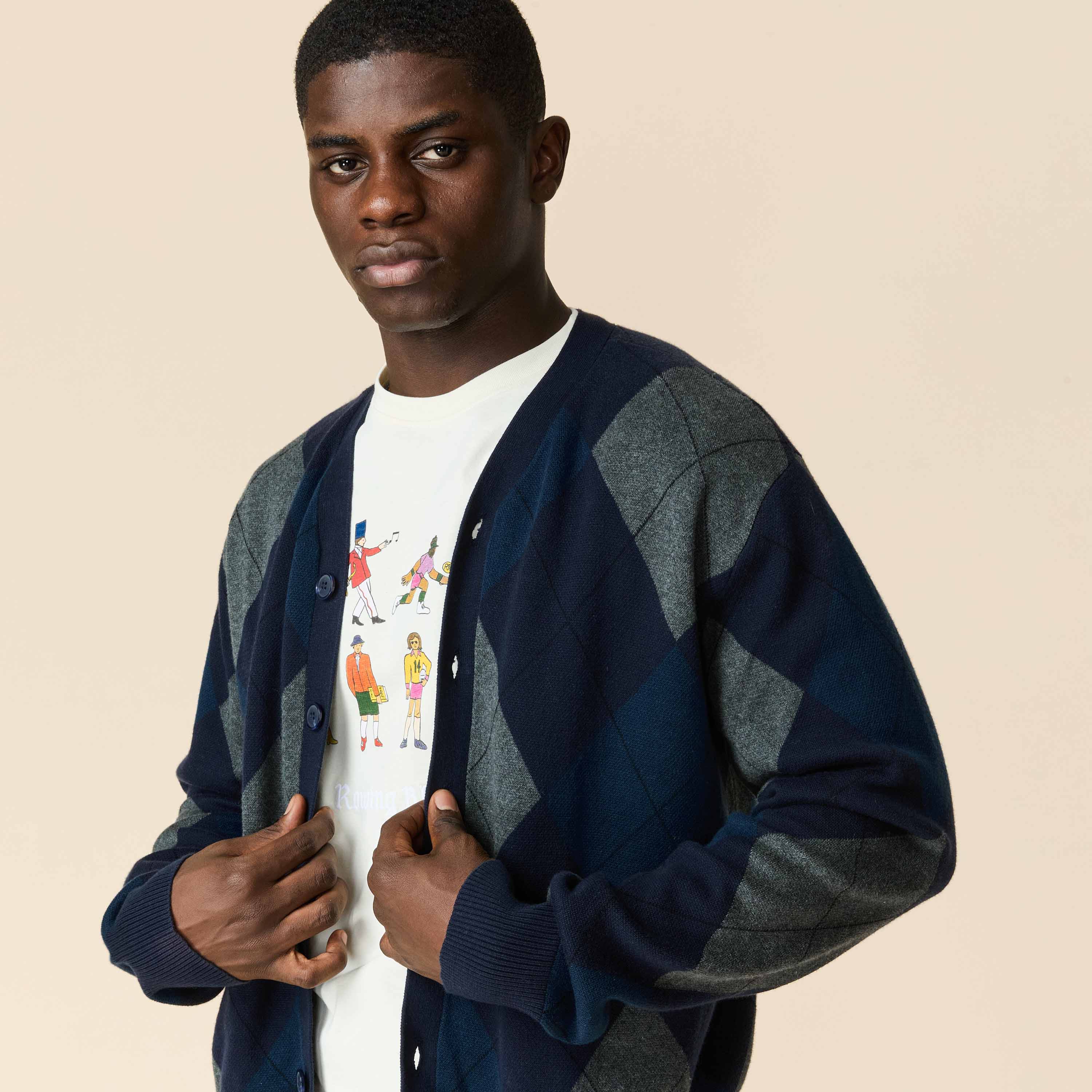 Men's Cotton Argyle Cardigan Navy Argyle - Image 5