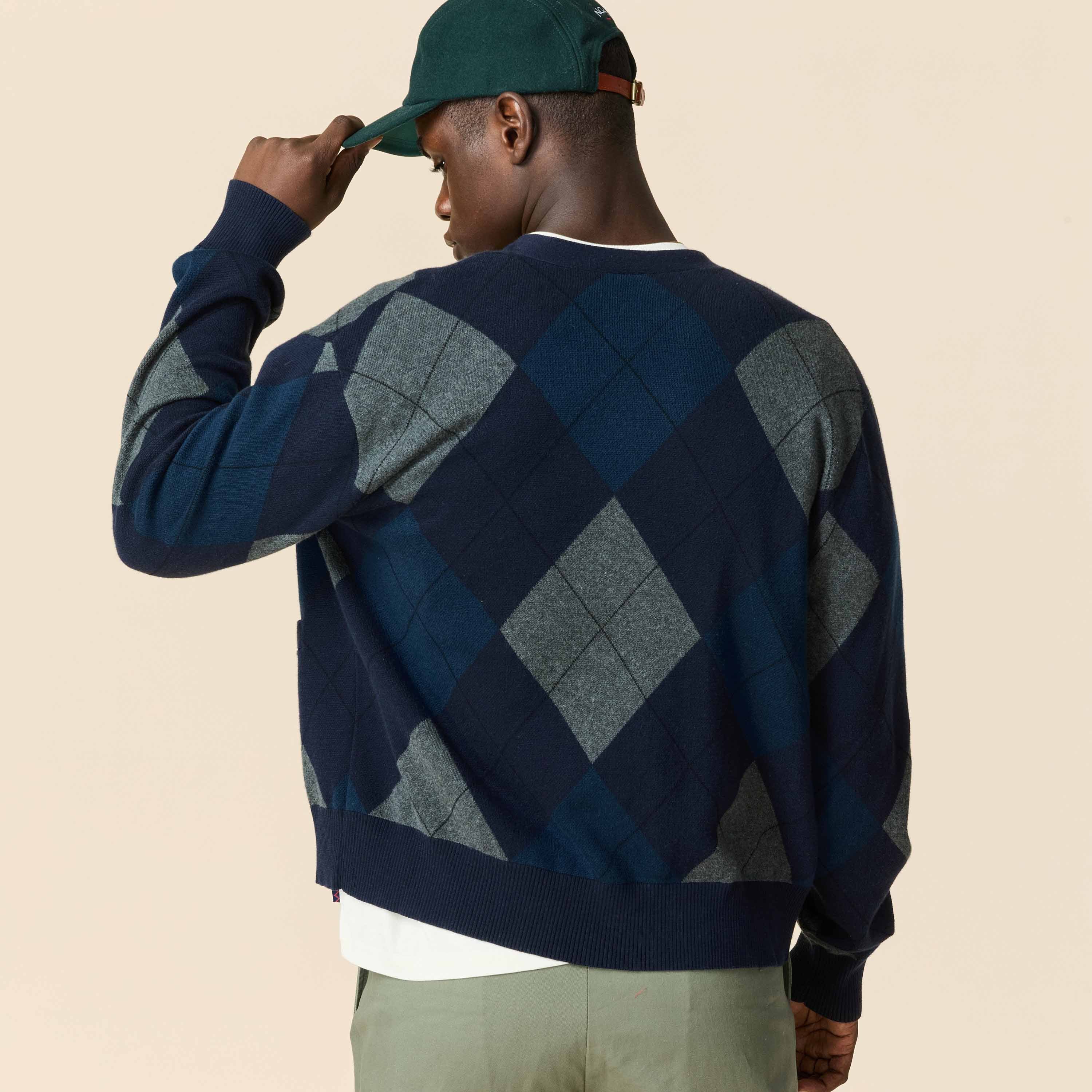Men's Cotton Argyle Cardigan Navy Argyle - Image 6