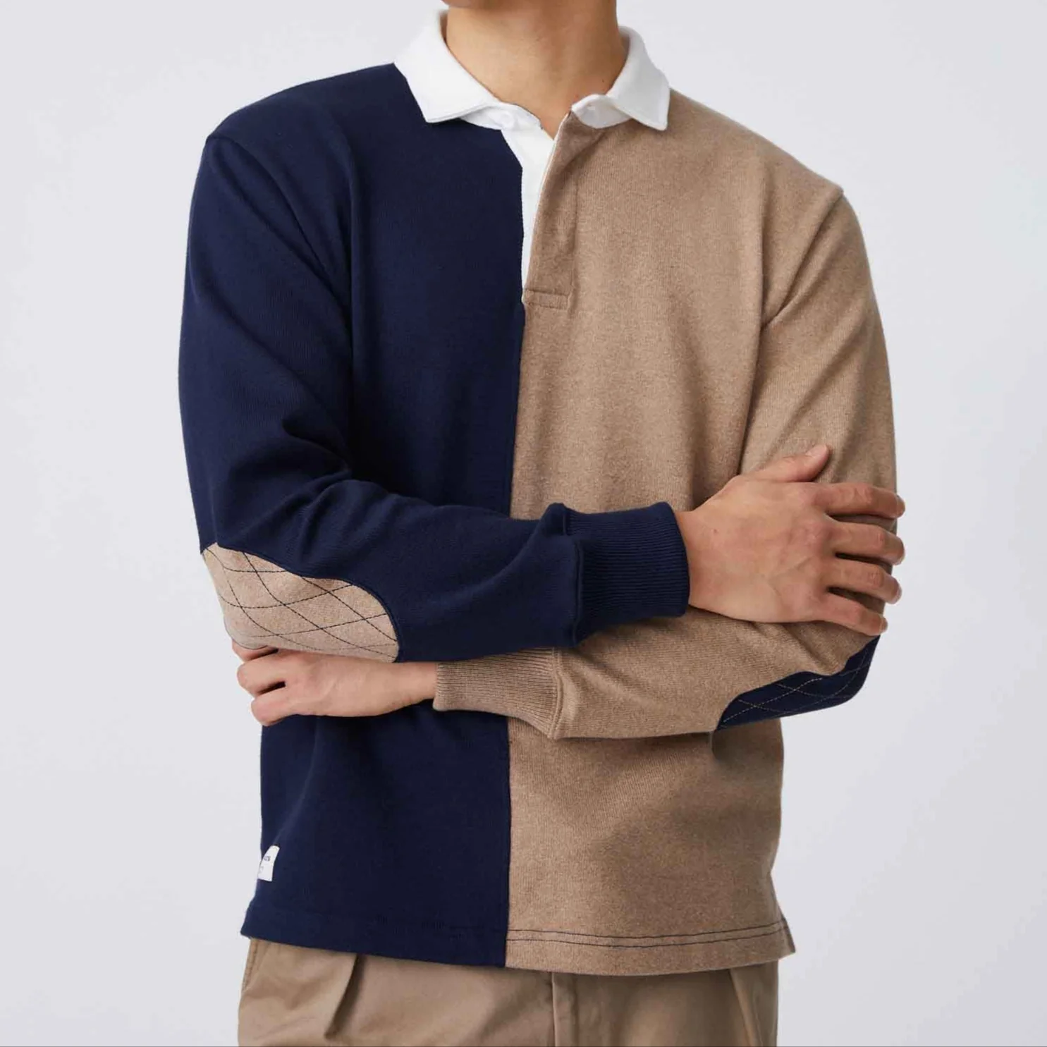 Men's Cotton Color Block Elbow Patch Rugby Navy Khaki - Image 6