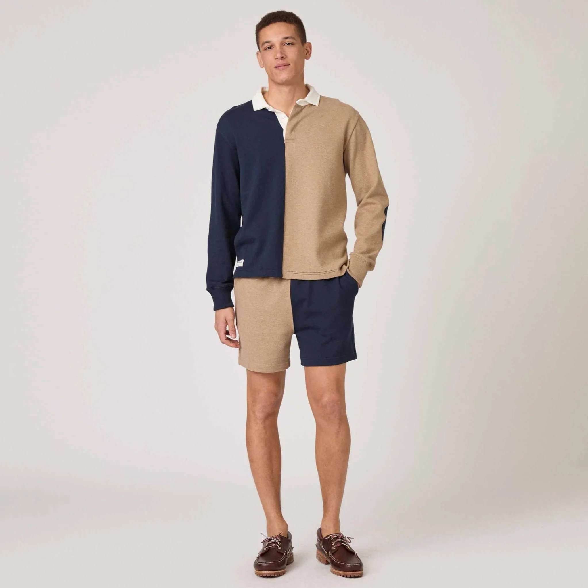 Men's Cotton Color Block Rugby Pull On Short Navy Khaki - Image 3