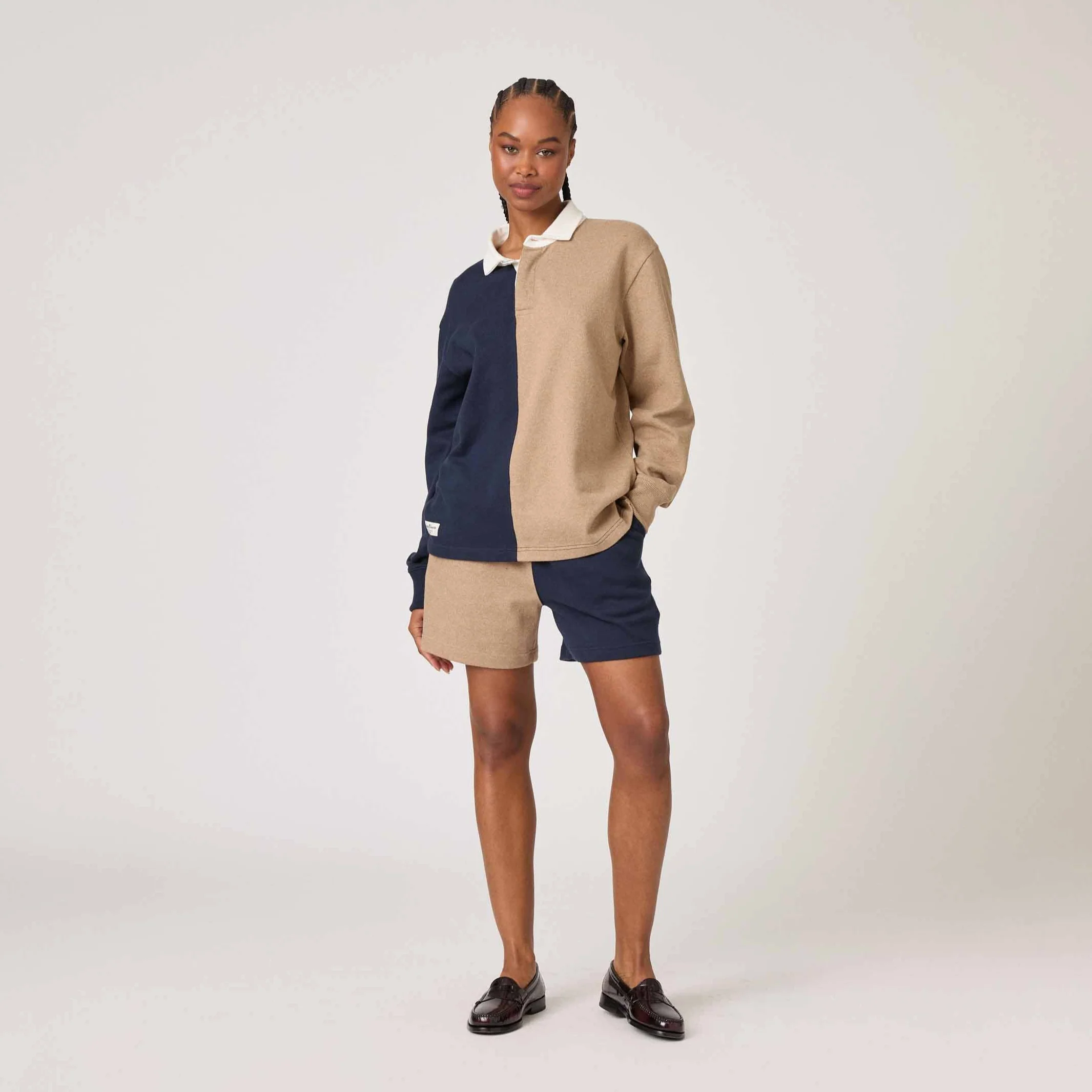 Men's Cotton Color Block Rugby Pull On Short Navy Khaki - Image 5