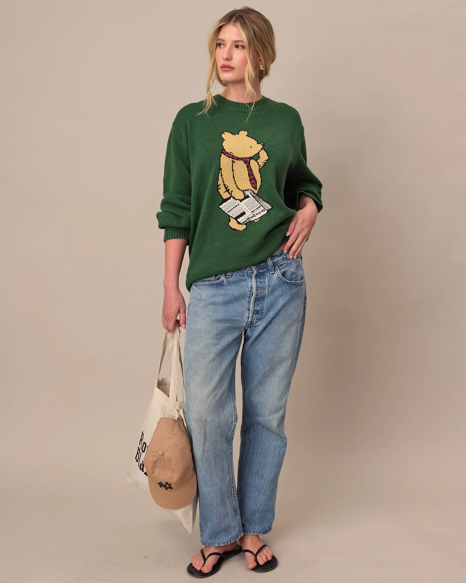 Men's Cotton Linen New Yorker Pooh Sweater Green - Image 4