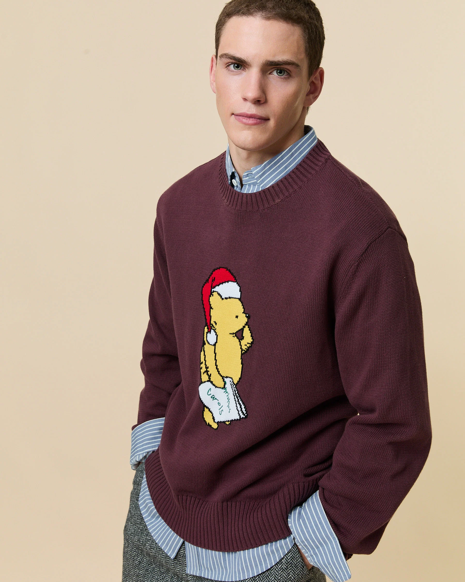 Men's Cotton Santa Pooh Sweater Burgundy - Image 3