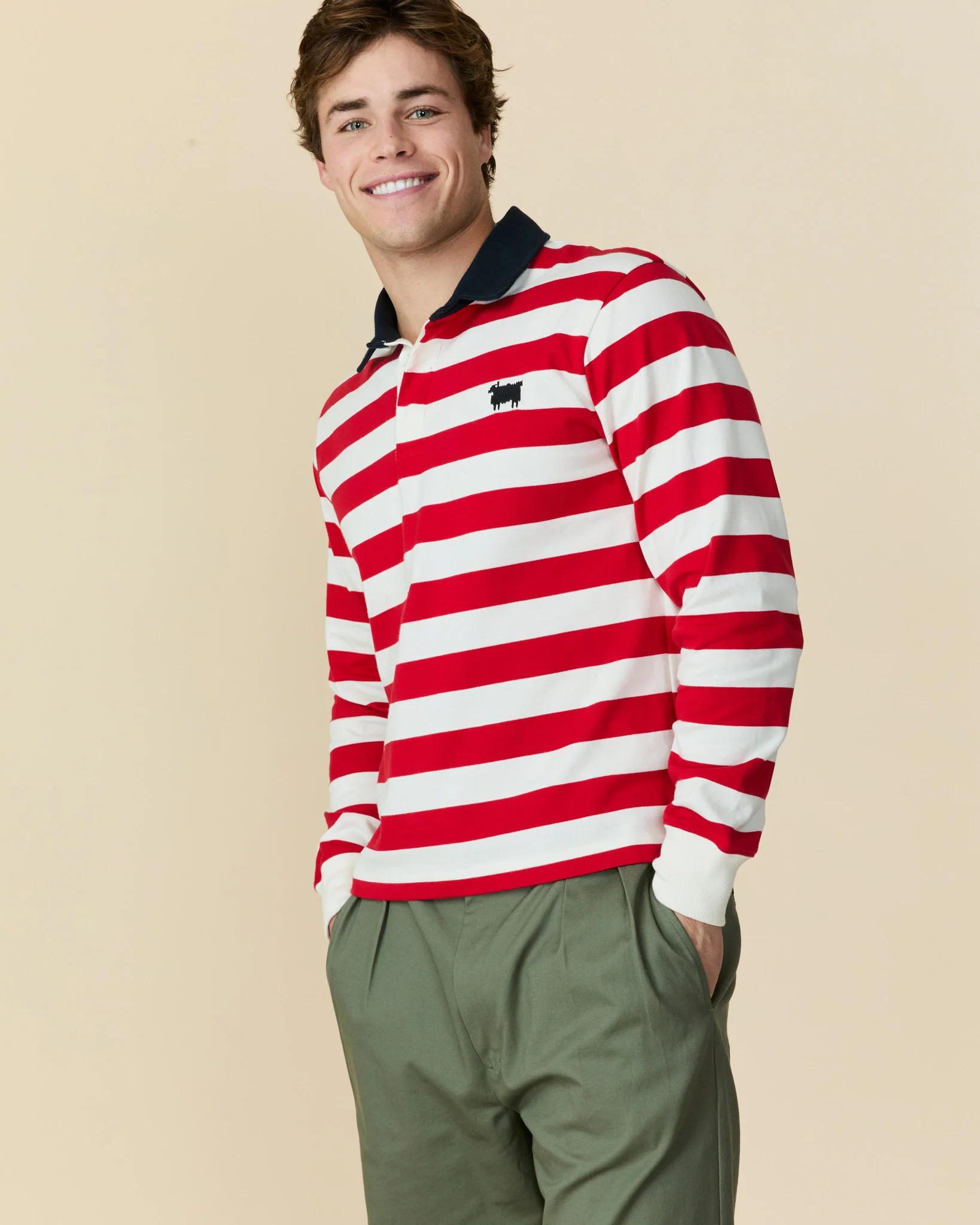 Men's Cotton Sheep Color Block Rugby Red - Image 7