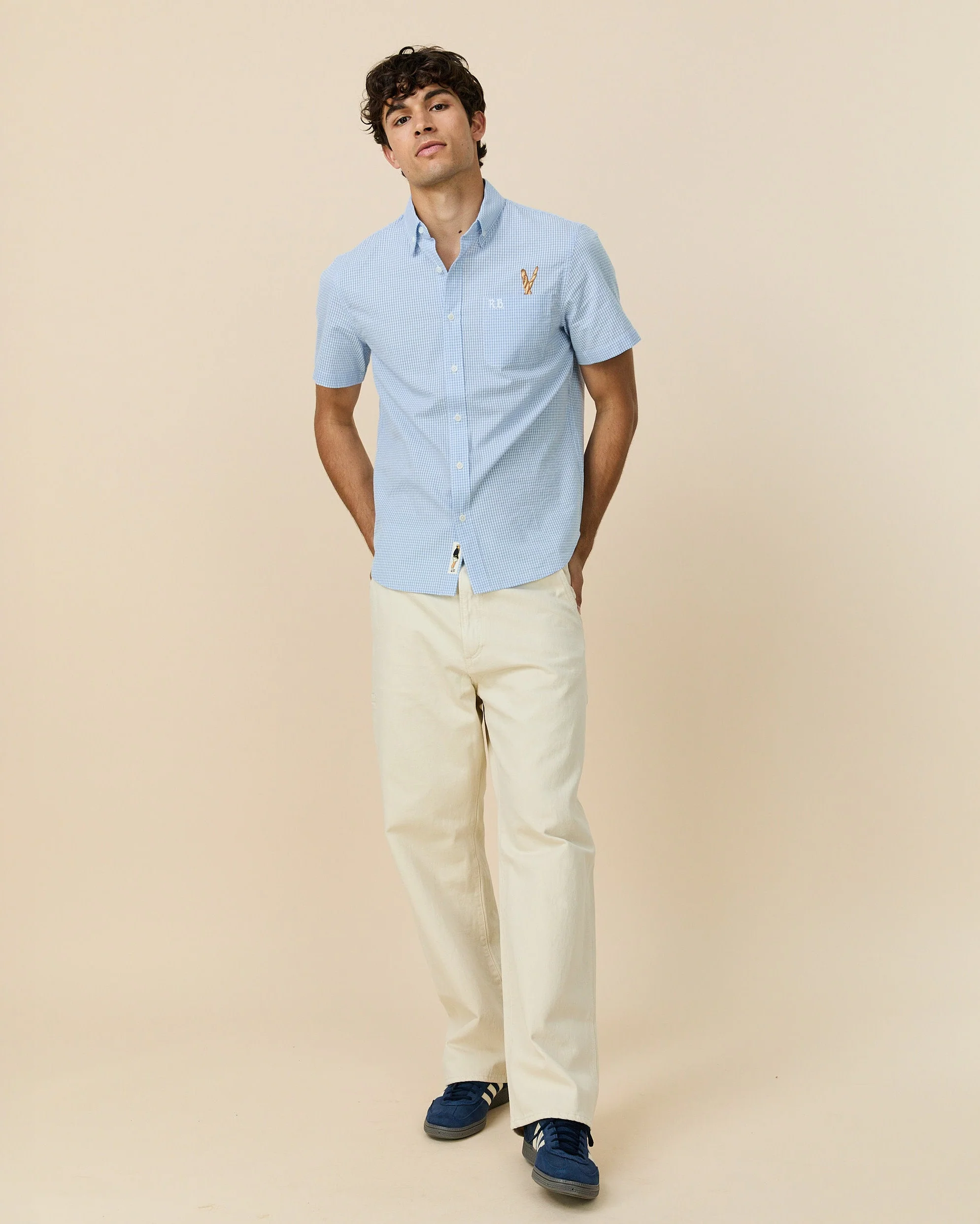 Men's Cotton Single Pocket Baguette Shirt Blue/White Gingham - Image 3