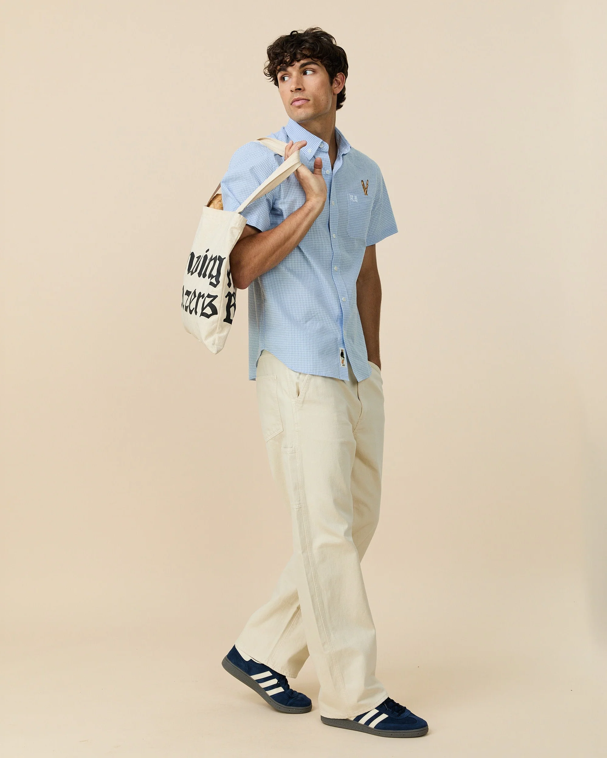 Men's Cotton Single Pocket Baguette Shirt Blue/White Gingham - Image 4