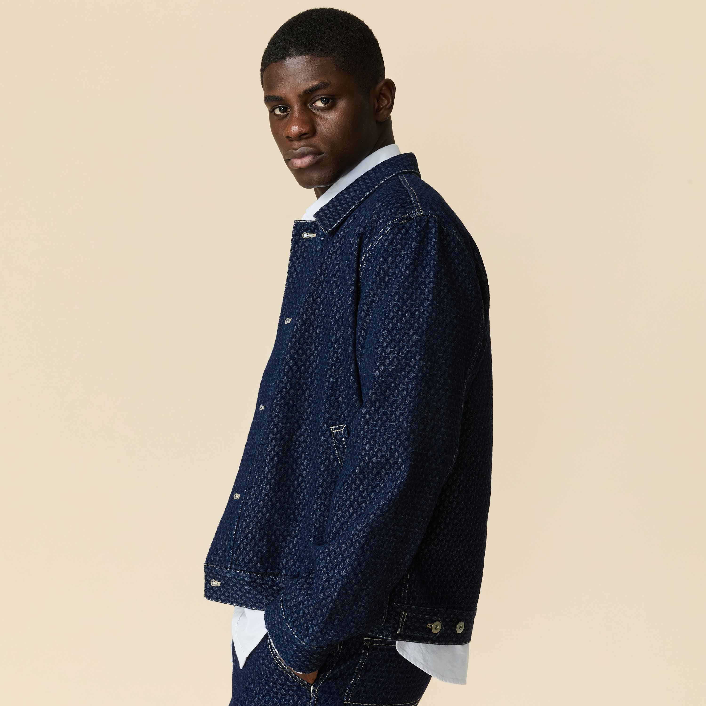 Men's Indigo Jacquard Denim Jacket Navy - Image 3