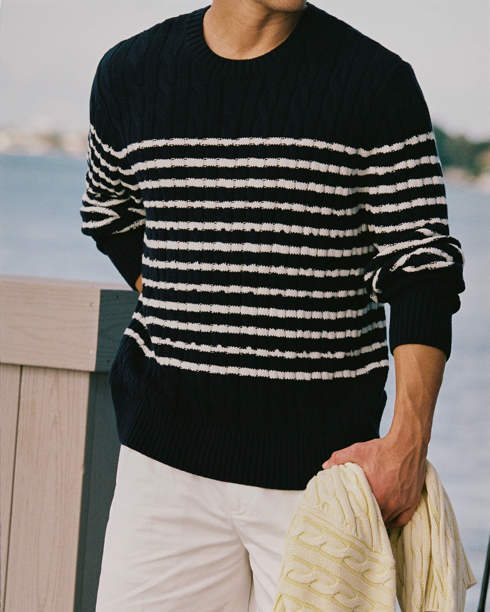 Men's Mariner Stripe Cable Knit Sweater Navy/White Stripe - Image 5