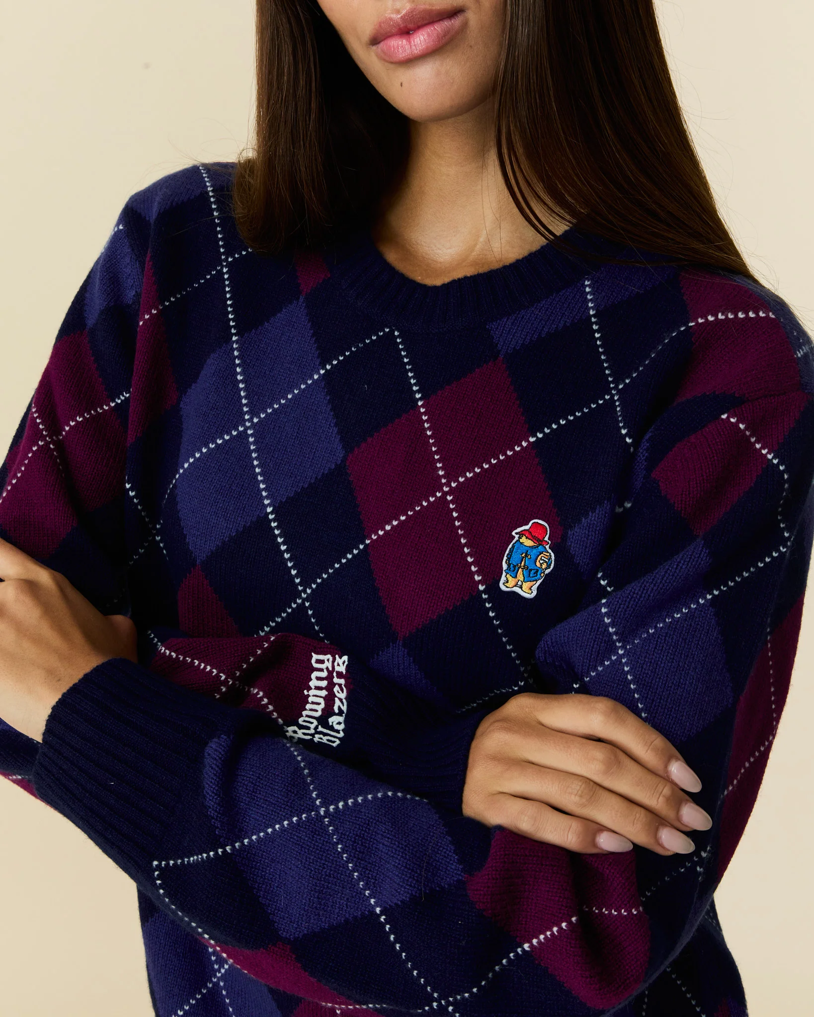 Paddington Cashmere Argyle Sweater Navy and Maroon Argyle - Image 5