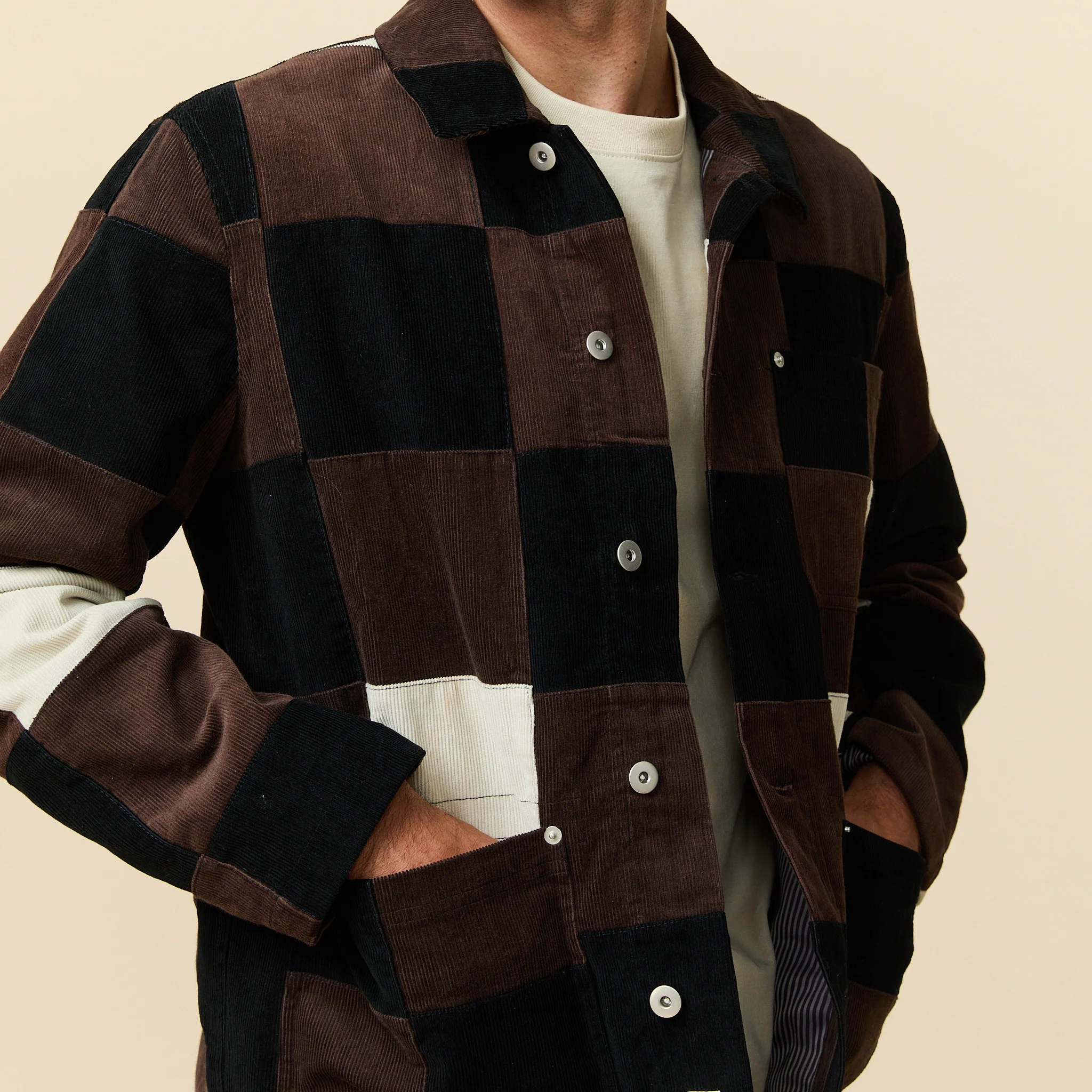Men's Patchwork Corduroy Chore Jacket Brown Patchwork - Image 3