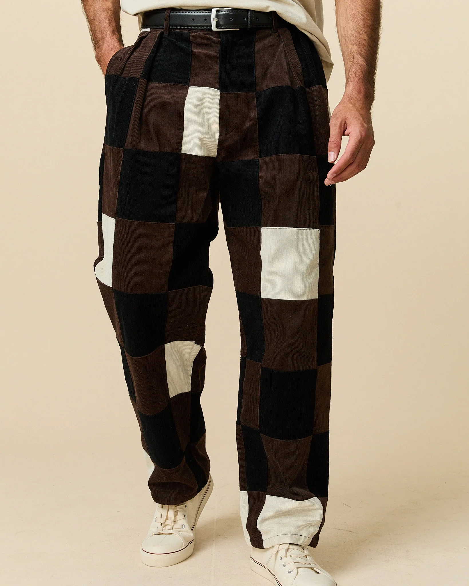 Men's Pleated Patchwork Corduroy Pant Brown Patchwork - Image 3