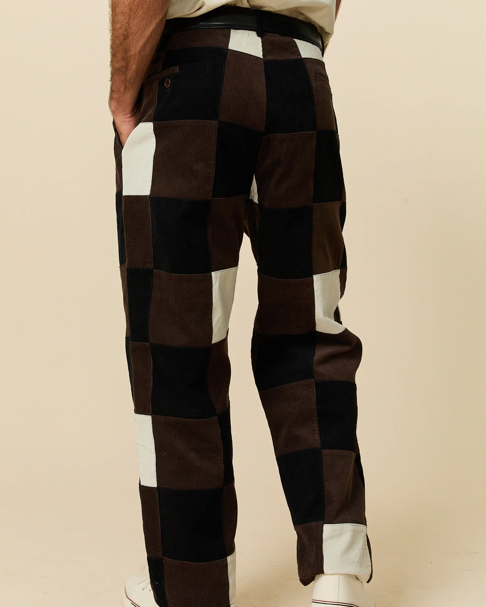 Men's Pleated Patchwork Corduroy Pant Brown Patchwork - Image 4