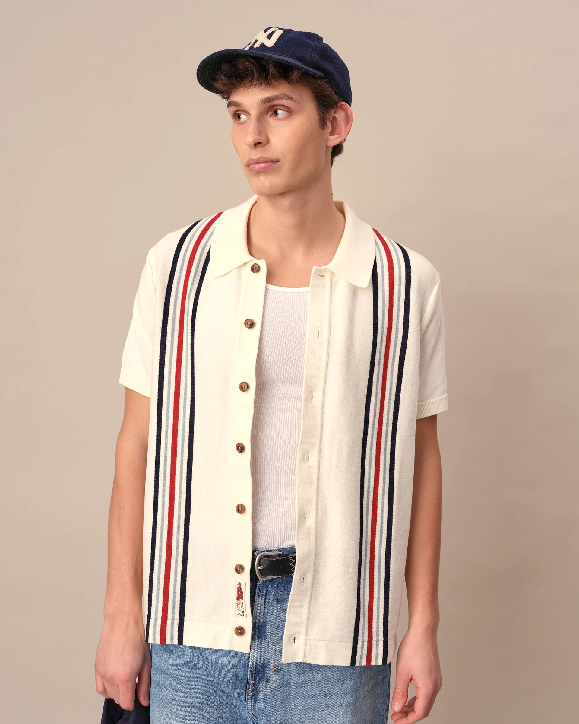 Men's Short Sleeve Button Through Thin Stripe Polo Sweater Cream - Image 3