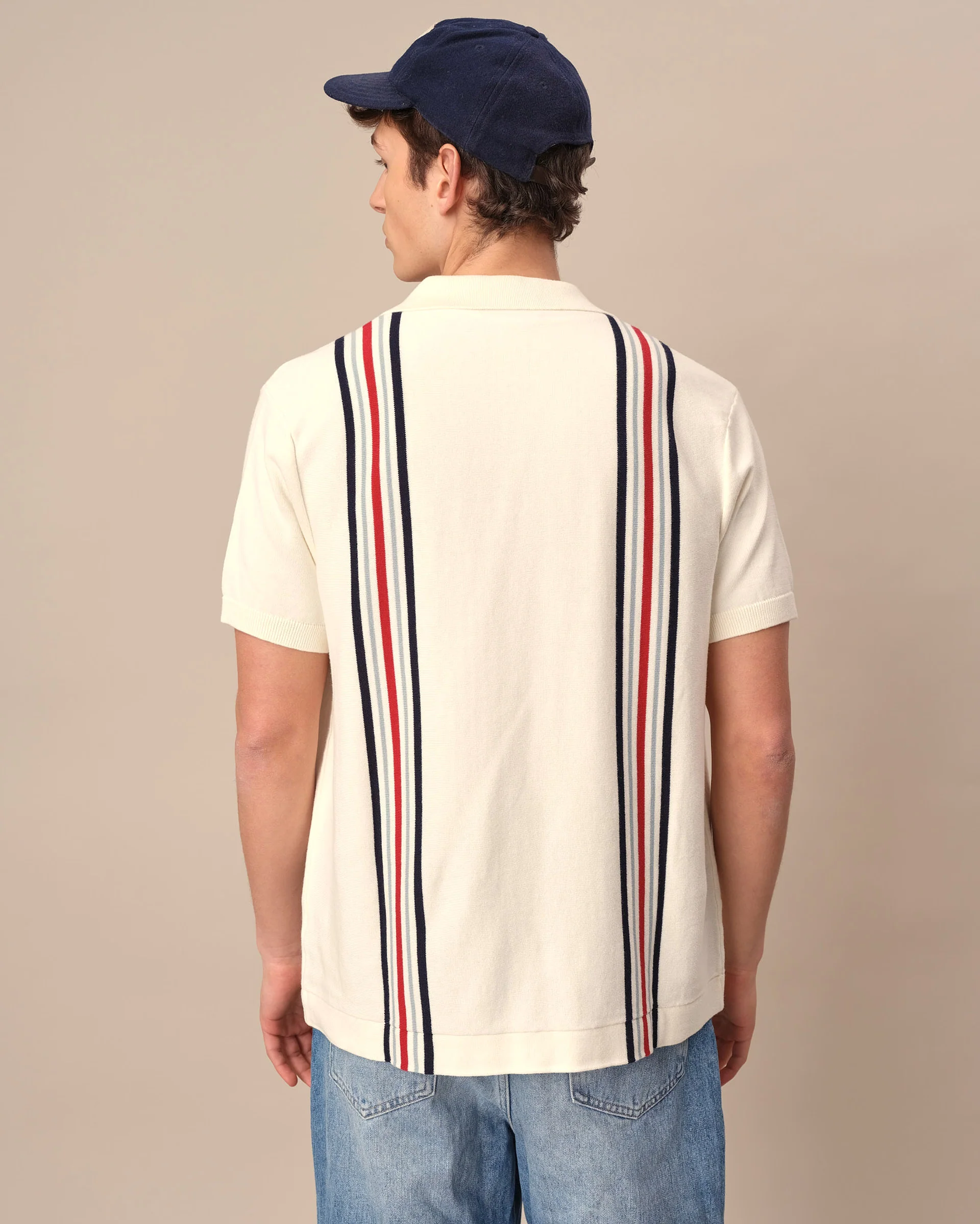 Men's Short Sleeve Button Through Thin Stripe Polo Sweater Cream - Image 4