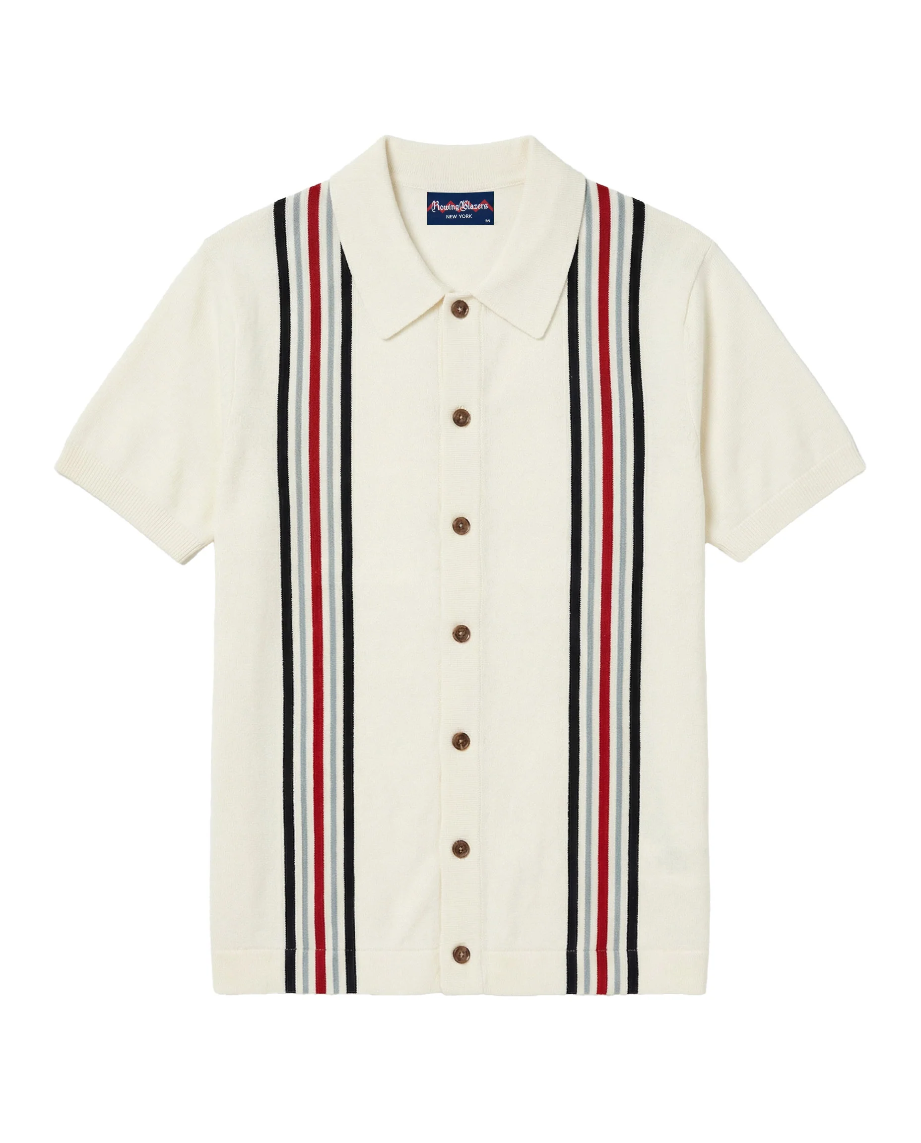 Men's Short Sleeve Button Through Thin Stripe Polo Sweater Cream - Image 5