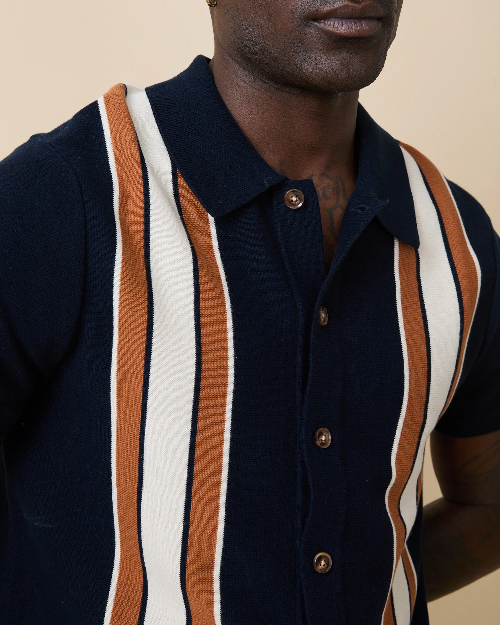 Men's Short Sleeve Button Through Wide Stripe Polo Sweater Navy - Image 3