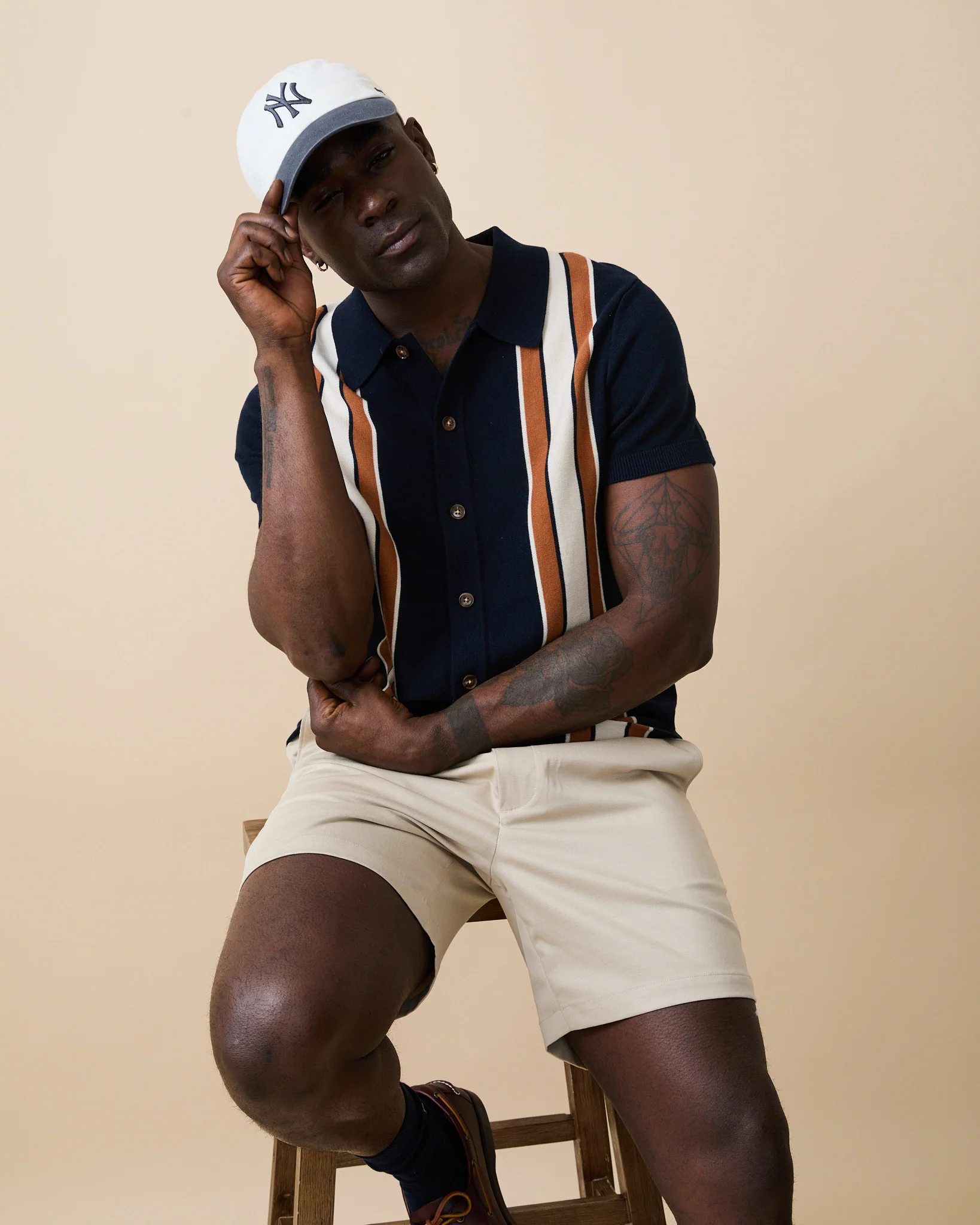 Men's Short Sleeve Button Through Wide Stripe Polo Sweater Navy - Image 4