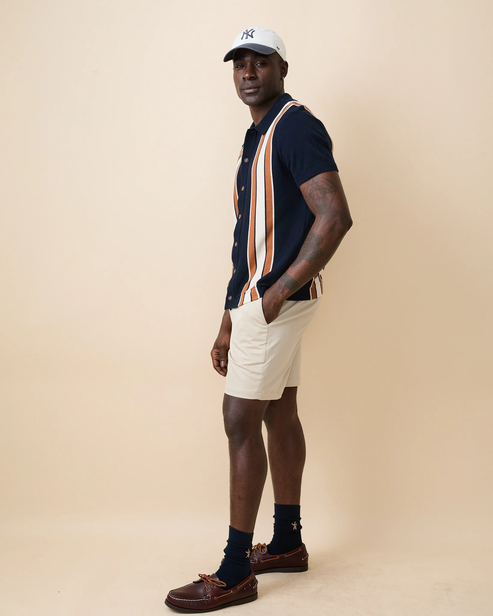 Men's Short Sleeve Button Through Wide Stripe Polo Sweater Navy - Image 5