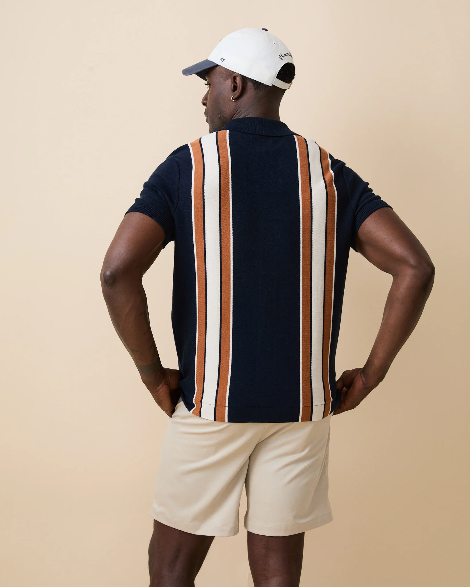 Men's Short Sleeve Button Through Wide Stripe Polo Sweater Navy - Image 7