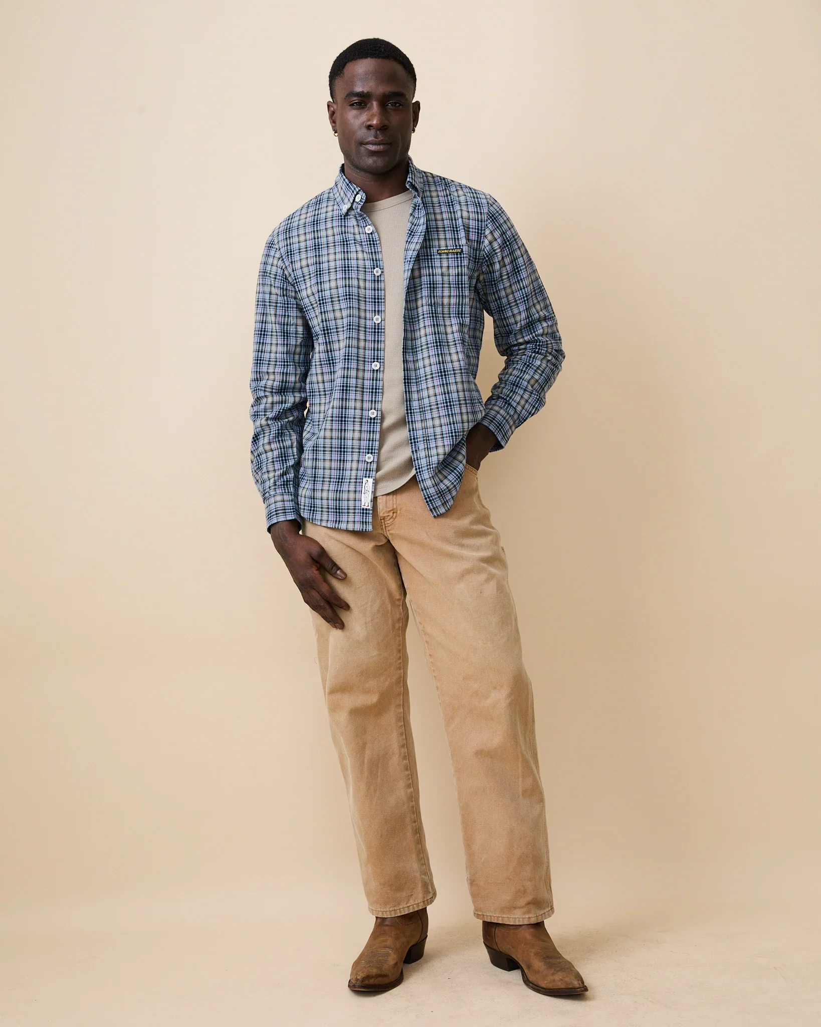 Men's Spring Plaid Shirt Blue Cotton Plaid - Image 6
