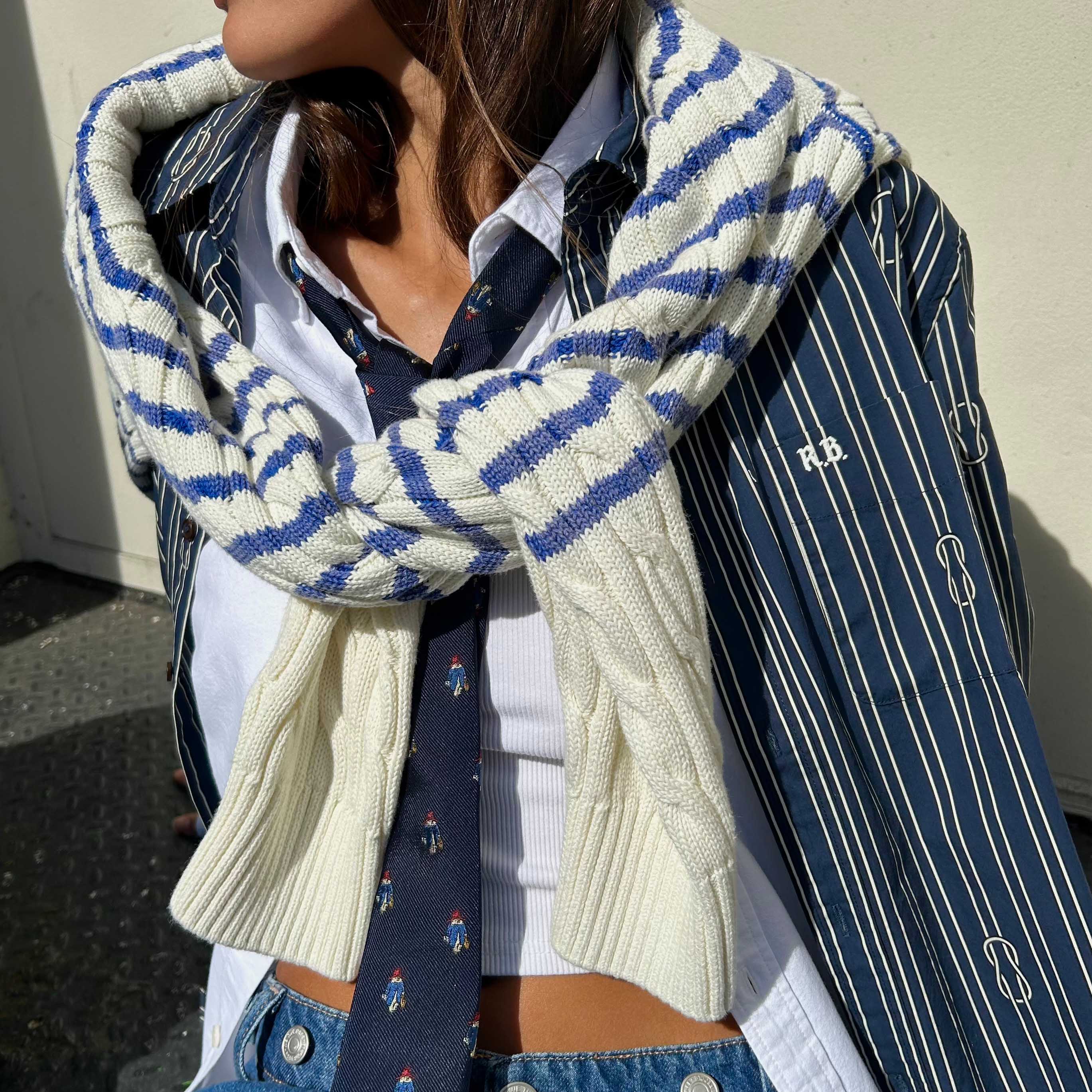 Men's Striped Cableknit Sweater Ivory Blue Stripe - Image 3