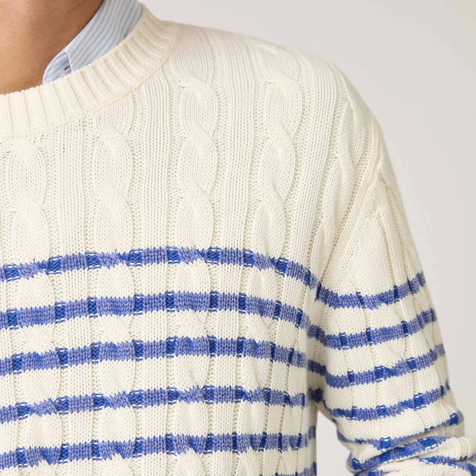Men's Striped Cableknit Sweater Ivory Blue Stripe - Image 4