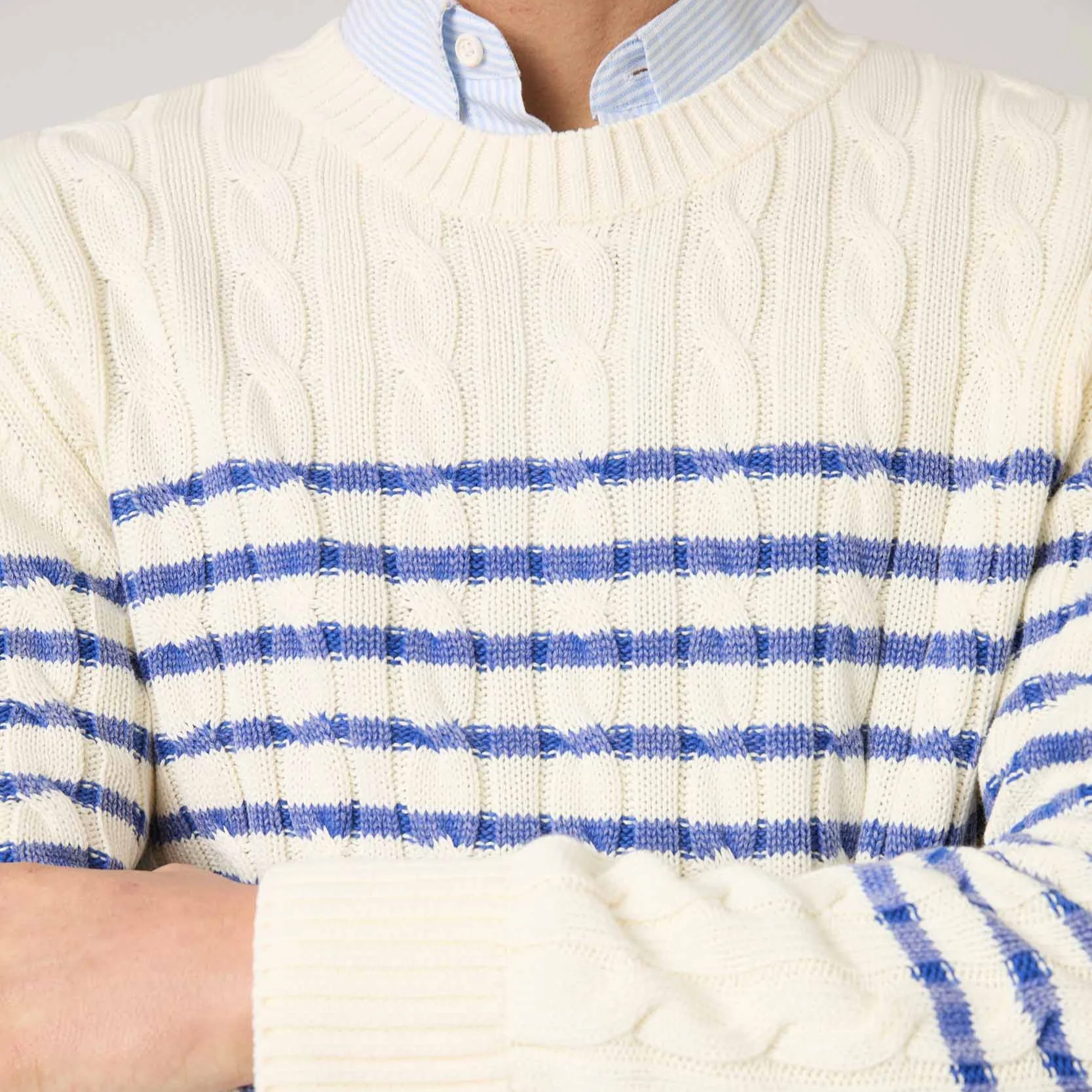 Men's Striped Cableknit Sweater Ivory Blue Stripe - Image 5
